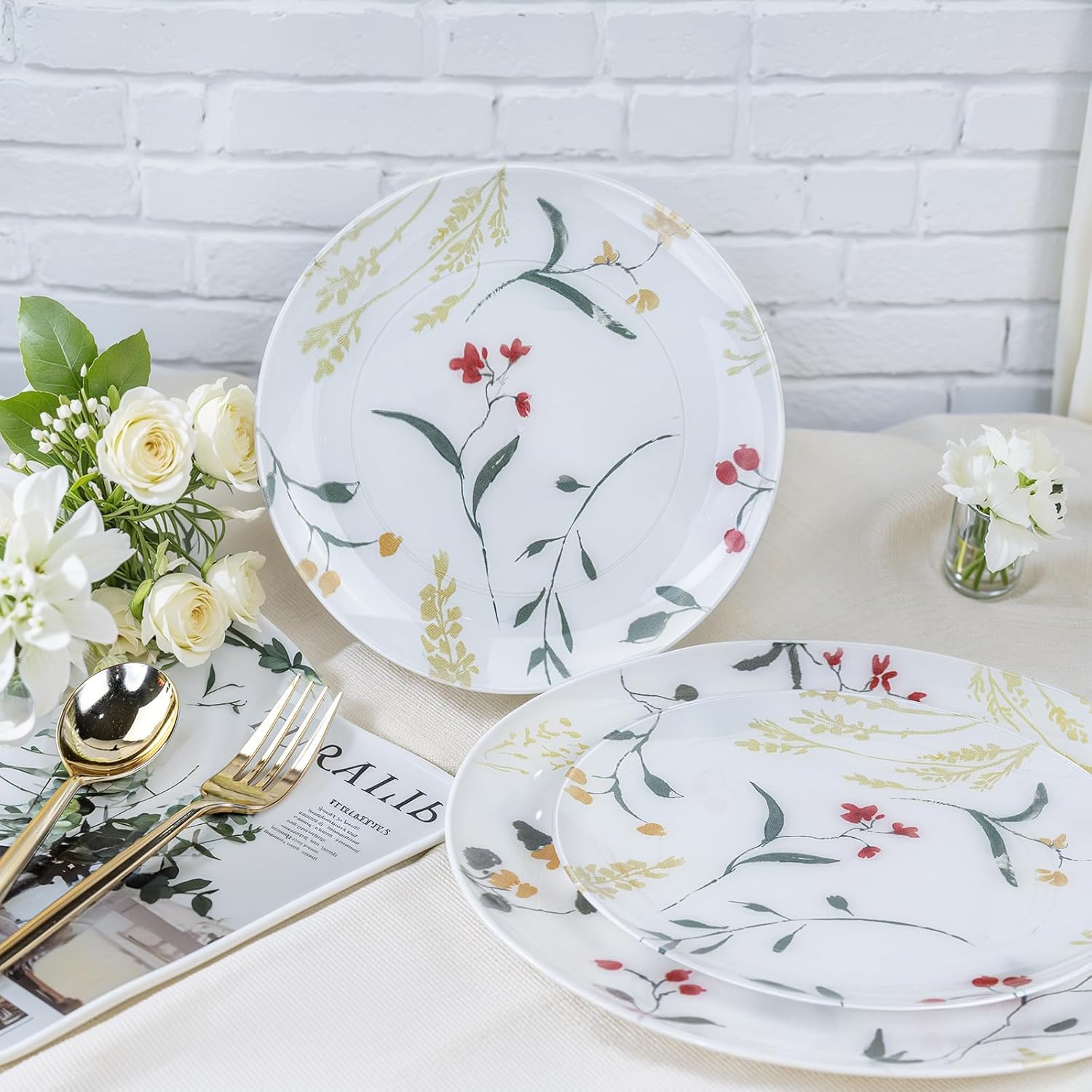 U-QE 50Pcs Wildflower Plastic Plates - Spring Floral Plates Disposable Heavy Duty, Fancy Floral Pattern Perfect for Weddings, Tea Parties, Holidays - 10.25" Dinner Plate & 7.5" Dessert Plate