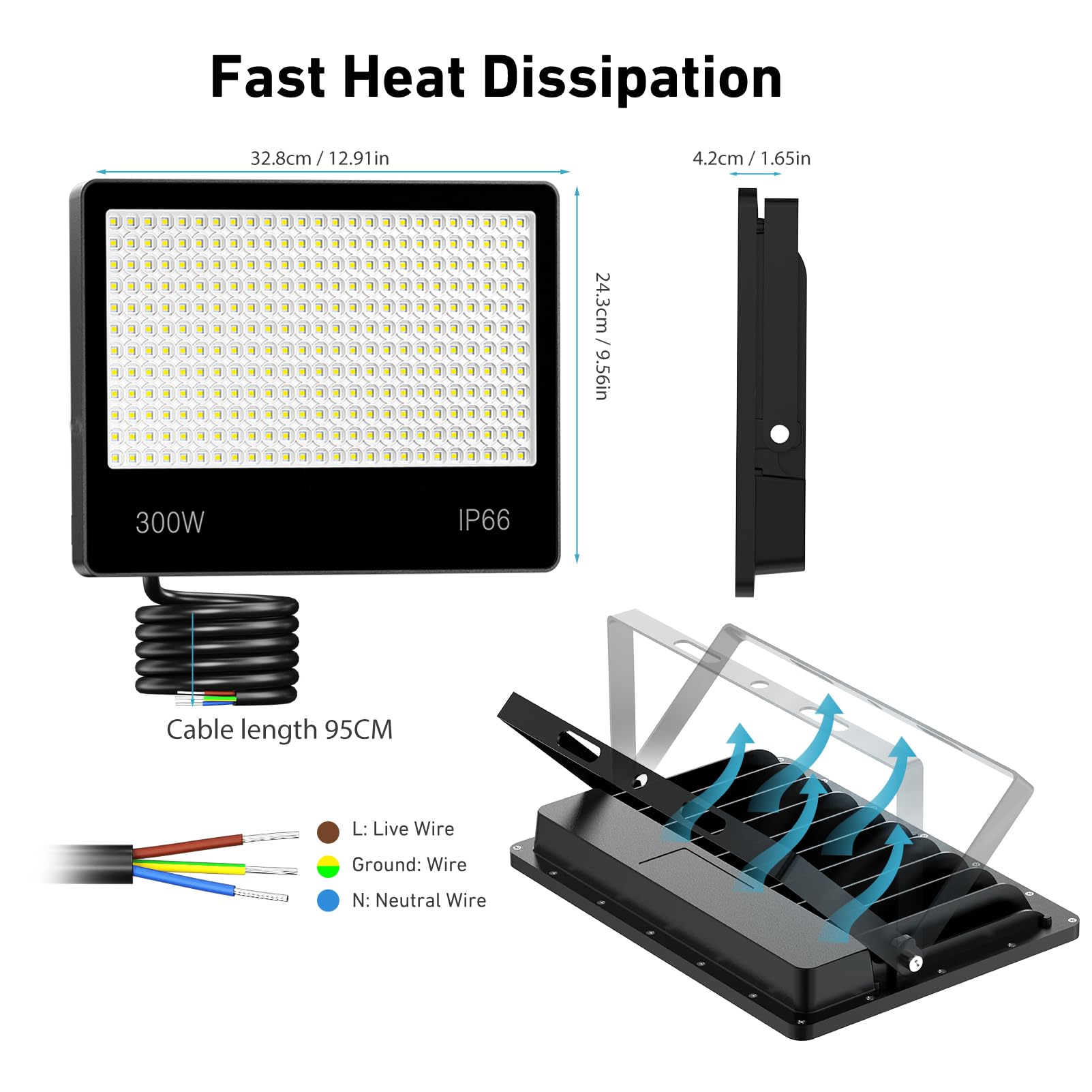 Focos LED Exterior 300W - 30000LM 6500k Blanco Frío Superbrillante Proyector LED Exterior, IP67 Impermeable Luz Exterior para Estadios, Patios, Carreteras, Garajes