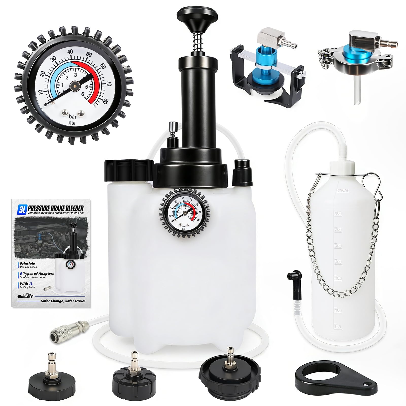 BELEY 3L+1L Kit de Purga de Frenos Manual con 5 adaptadores | Para Cambiar el Líquido de Frenos, Manómetro integrado, Apto para Modelos de Toyota, Renault, Volkswagen, Peugeot, etc
