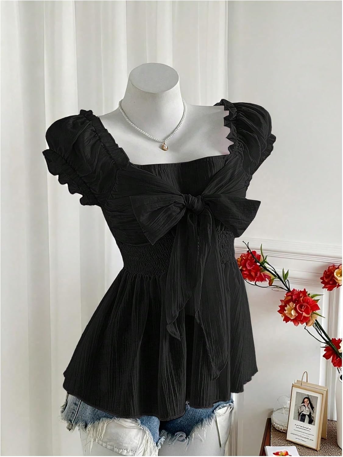 SHENHE Women's Summer Puff Sleeve Peplum Blouse Smocked Tie Bow Coquette Chiffon Shirt Top - Image 3