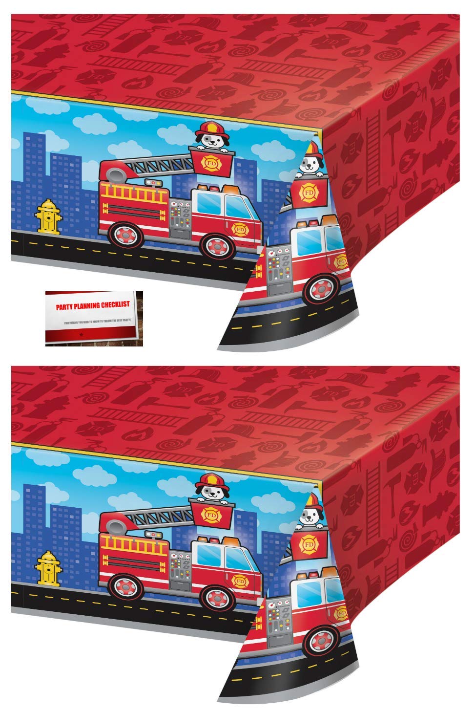 (2 Pack) Fire Truck Department Fire Fighter Plastic Table Cover 54 X 102 Inches (Plus Party Planning Checklist by Mikes Super Store)