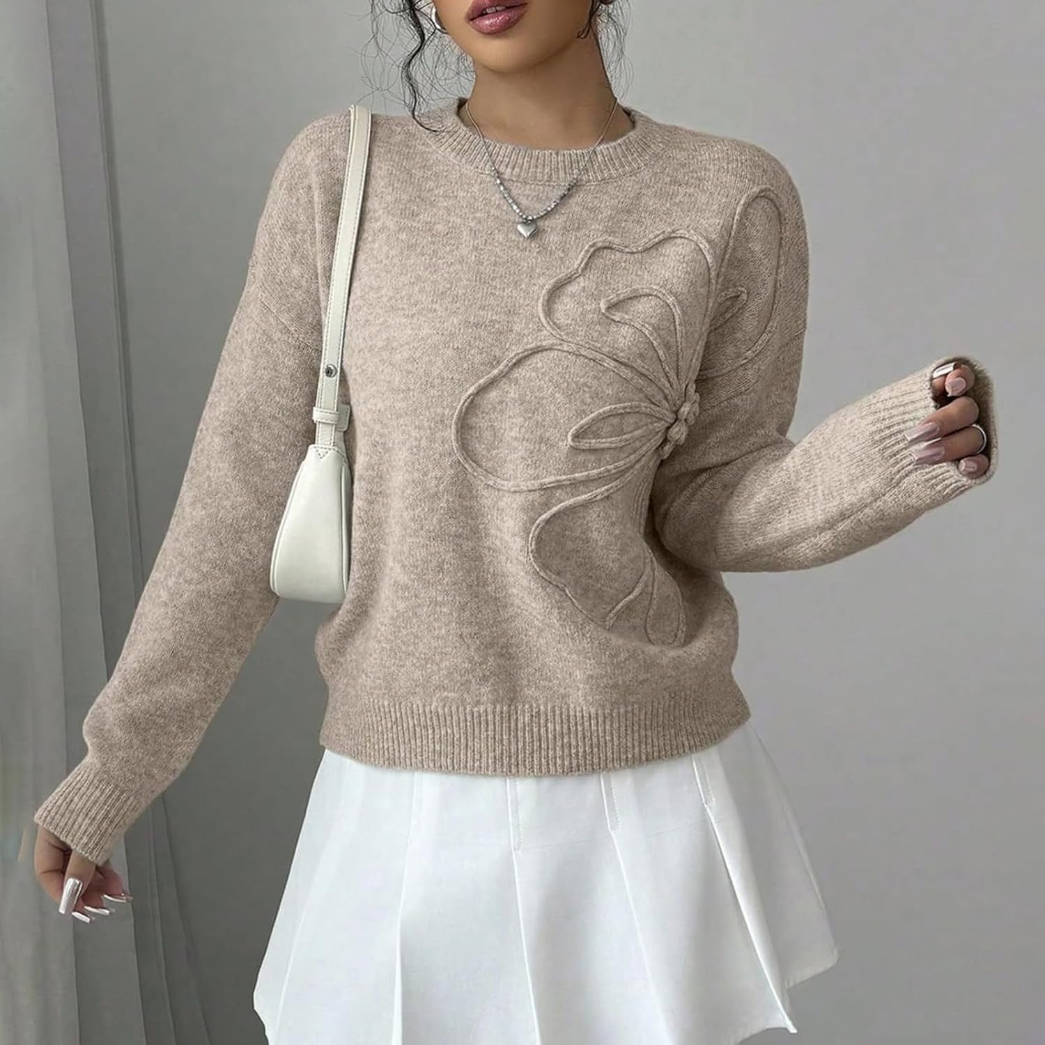 Women's 3D Floral Appliques Crewneck Sweaters Long Sleeve Drop Shoulder Pullovers Elegant Knit Tops Cropped Sweater - Image 4