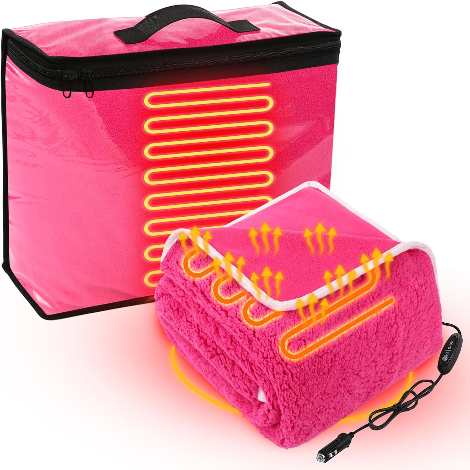 Riakrum 12v Heated Car Blanket for Extreme Cold, 58" x 43" High Power Electric Hot Pink Blanket with 3 Heat Levels, Adjustable Temperature, Portable Truck SUV Rv Winter Snow Travel, Cigarette Lighter