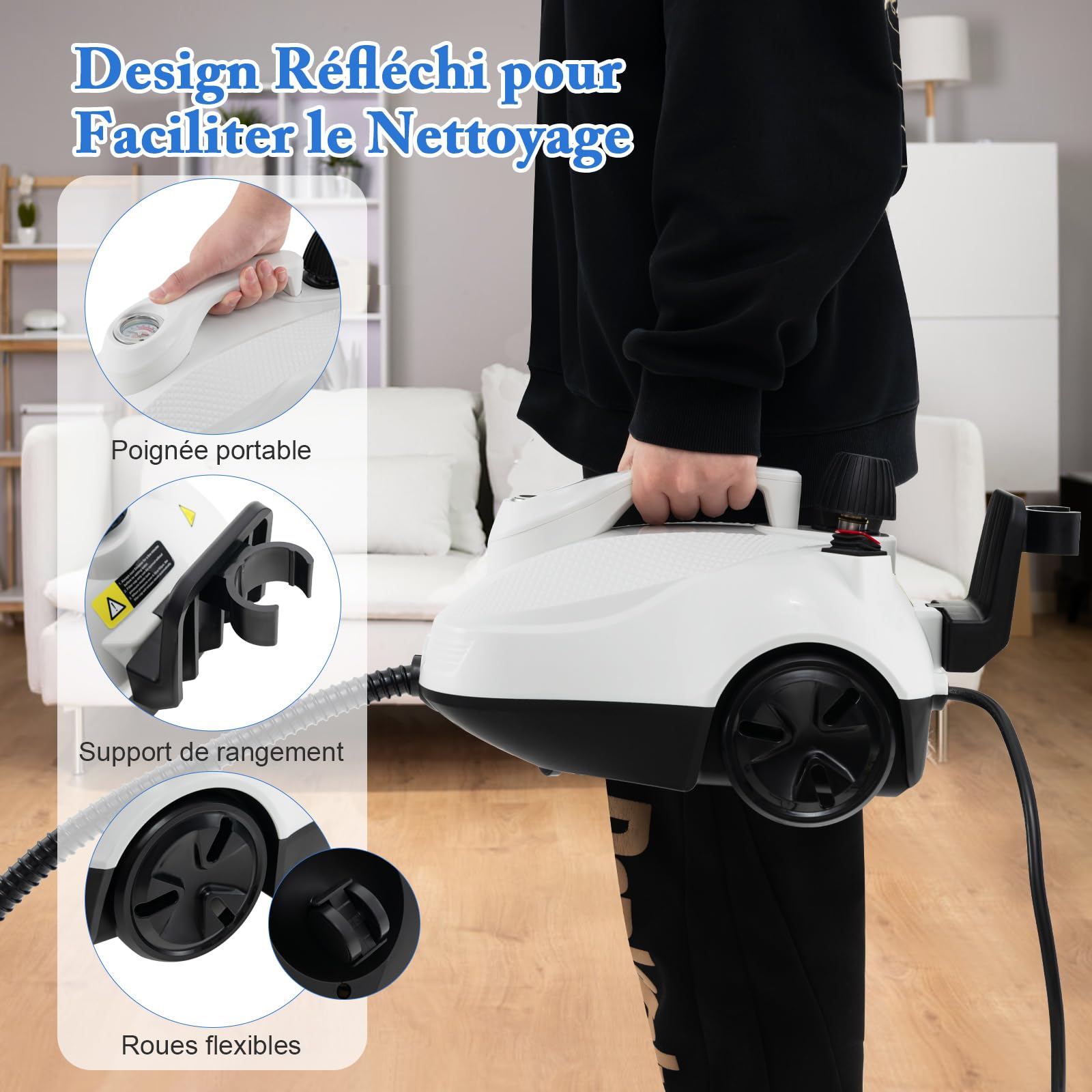 COSTWAY Nettoyeur Vapeur Portable de 2000W Roulante, Machine à Nettoyer à Vapeur Pression Haute de 5 Bars avec Accessoires & Réservoir de 1,8 L, pour Sol Fenêtre Verre Tapis (Blanc)