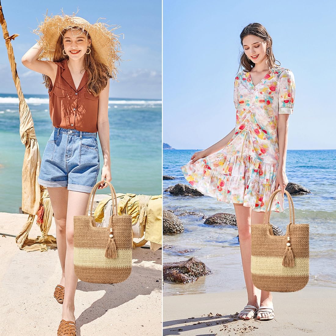 Straw Beach Bags for Women Woven Beach Tote Bag Casual Boho Large Shoulder Handbags Purse for Vacation Holiday - Image 2