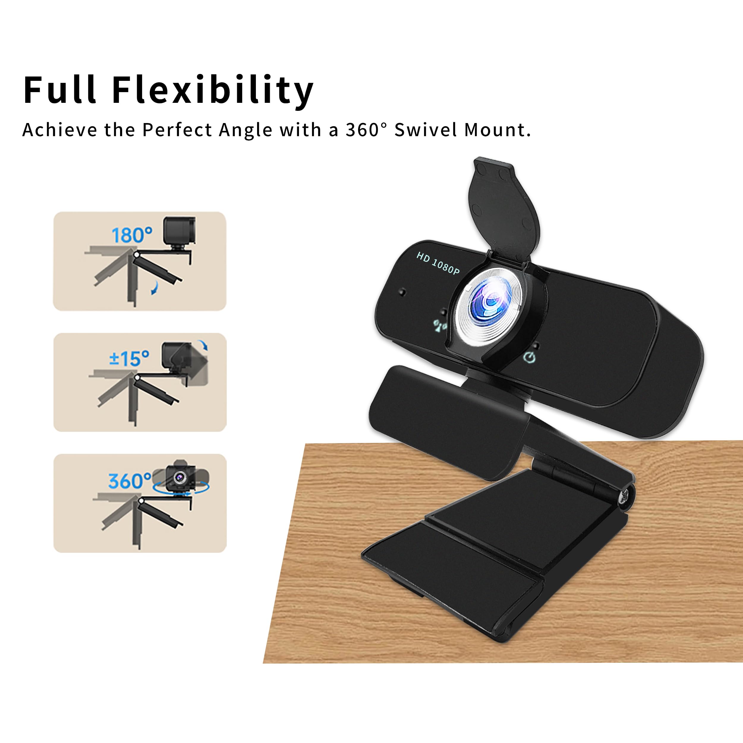 Cámara web 1080P para computadora/portátil/escritorio/PC, cámara externa con micrófono, USB Plug & Play, corrección automática de poca luz, cubierta de privacidad, trípode, gran angular para reunión 7