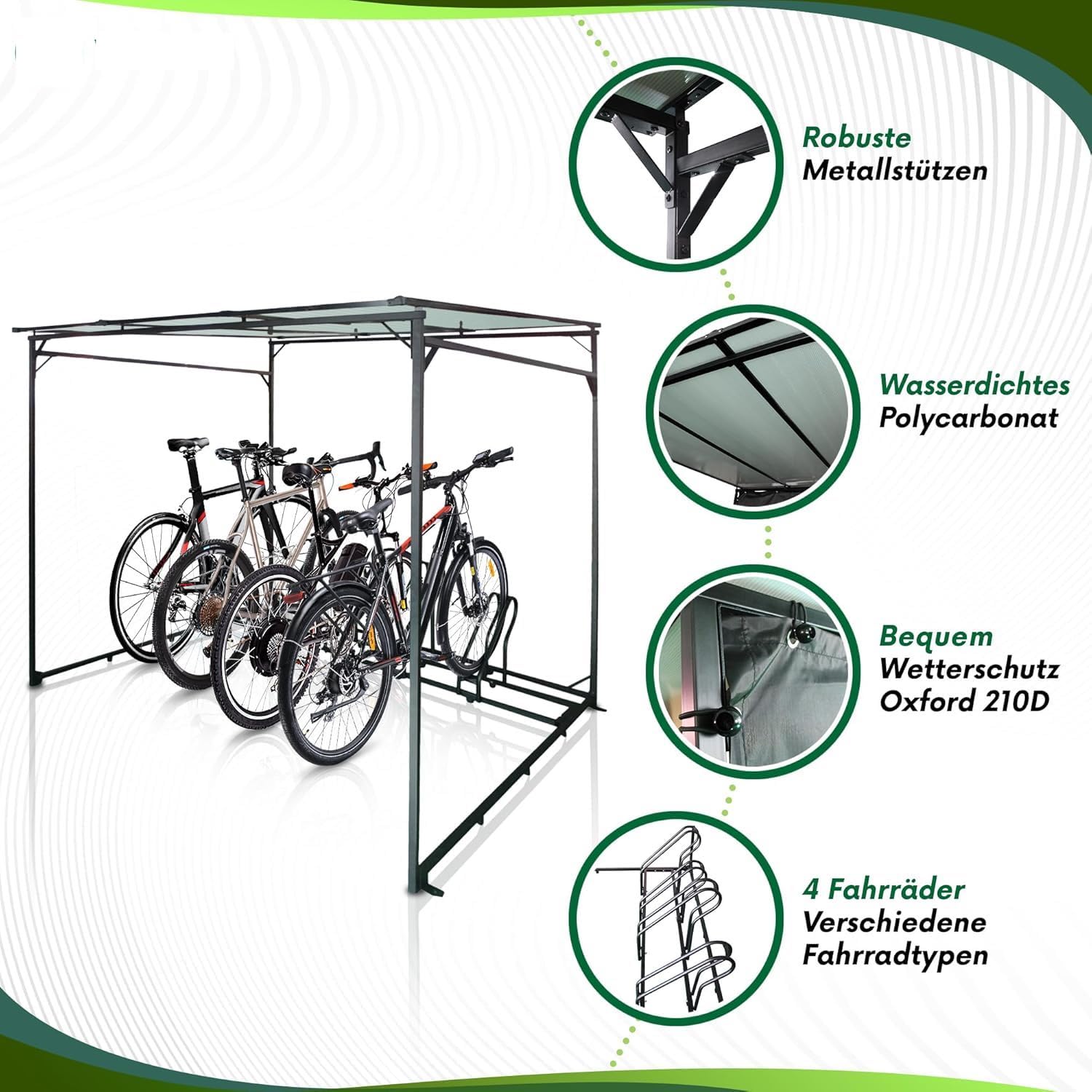 WIELS® Fahrradgarage 4 Fahrräder - Fahrradunterstand 190x188x190cm - Metall Fahrradschuppen - Zeltgarage - Fahrradbox - Bicycle Parking