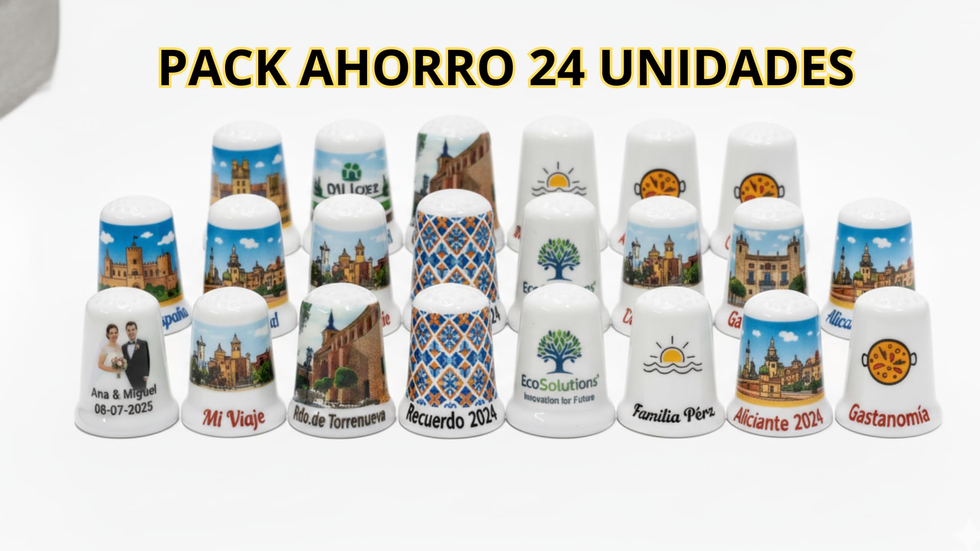 Dedales Personalizados Pack 24 Unidades · Impresión DTF con Tu Foto, Logo o Diseño · Detalles de Boda, Comunión y Eventos · Souvenir Porcelana Blanca · Regalo Original (2,5 x 3 cm)