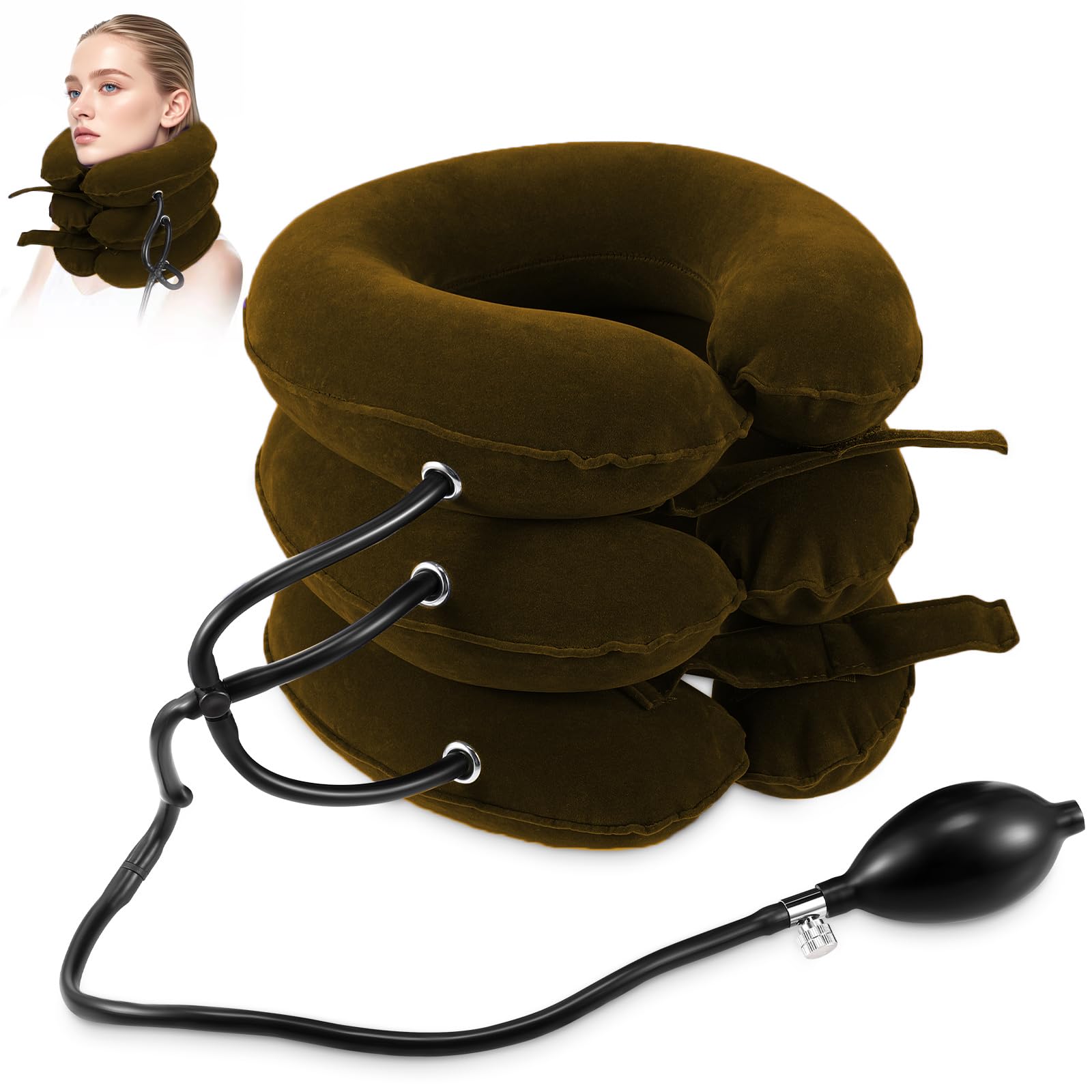 Neck Stretcher, Cervical Traction Device, Neck Traction Device, Neck Pain Relief, Adjustable Inflatable Neck Brace &amp; Neck Stretcher, Neck Decompression Home Use (Khaki Brown)