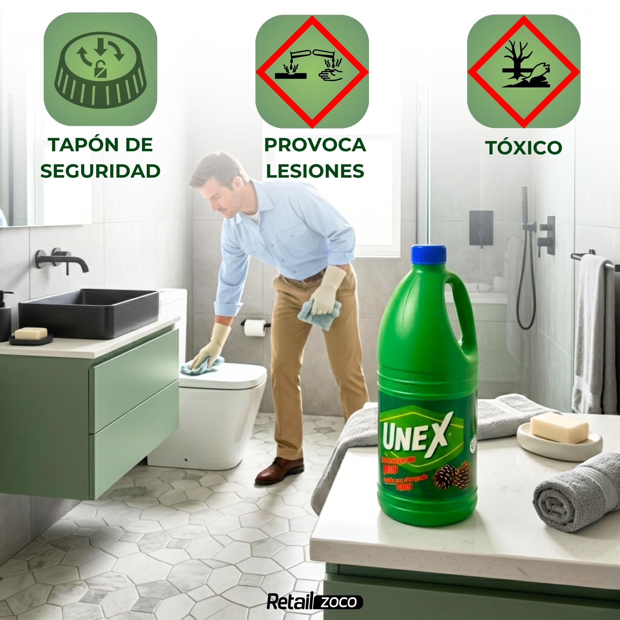 Lejía con Detergente Pino, Desinfectante Superficies, Uso en Baño, Cocina, Azulejos, Suelos, Aptas para Desinfección y limpieza, Combate los malos olores con fragancia fresca, 1 botella de 2 Litros