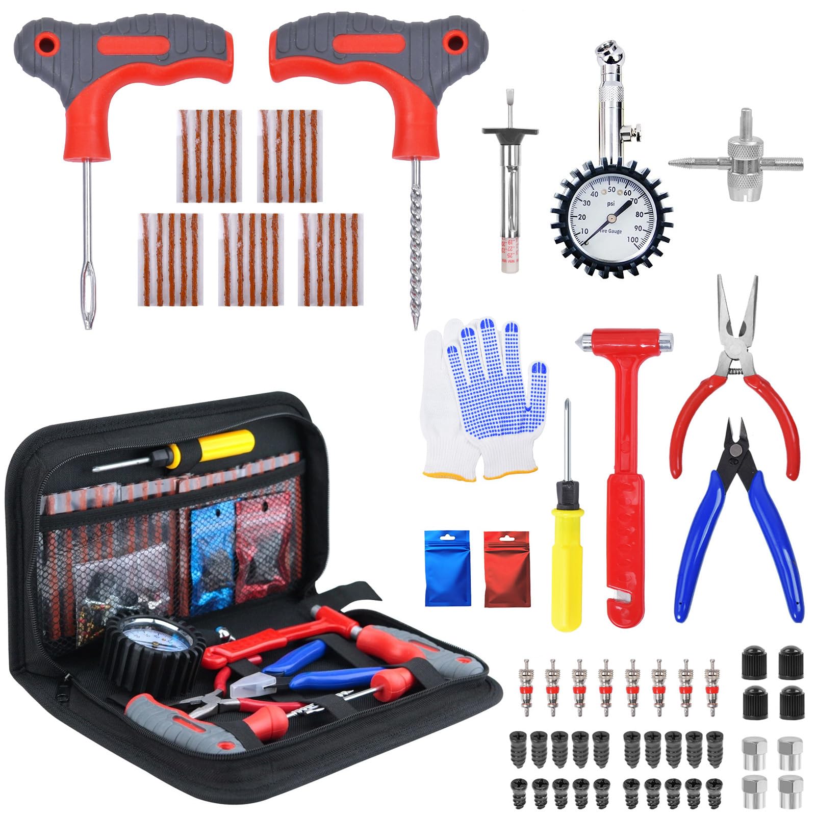 73pcs Tyre Repair kit, Car Tyre Puncture Repair Kit, Tubeless Tire Repair kit with Pressure Gauge, Tread Depth Gauge, T-Handle Tool, Strips & Tire Plugs for Cars, Motorcycle, Truck, Van, ATV, Tractor