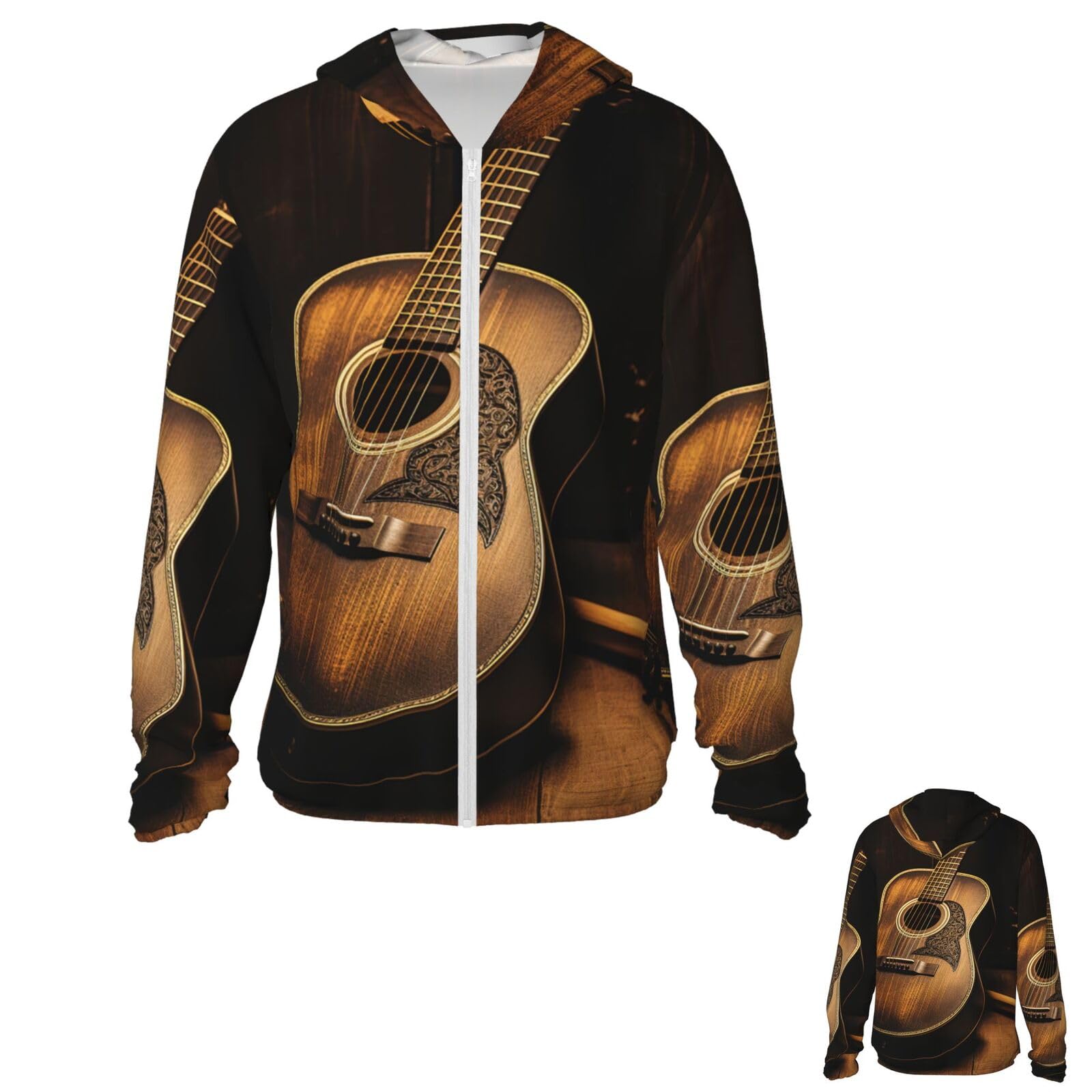 NONHAI Men's Sun Protection Jacket UPF 50+ Full Zipper Long Sleeve UV Hoodie Shirt Old west Guitar Women's Outdoor Jacket Black