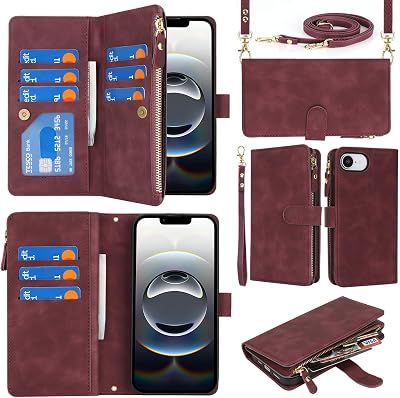 Crossbody Phone Wallet for iPhone 16e/17e Case with Strap,6.1",Burgundy