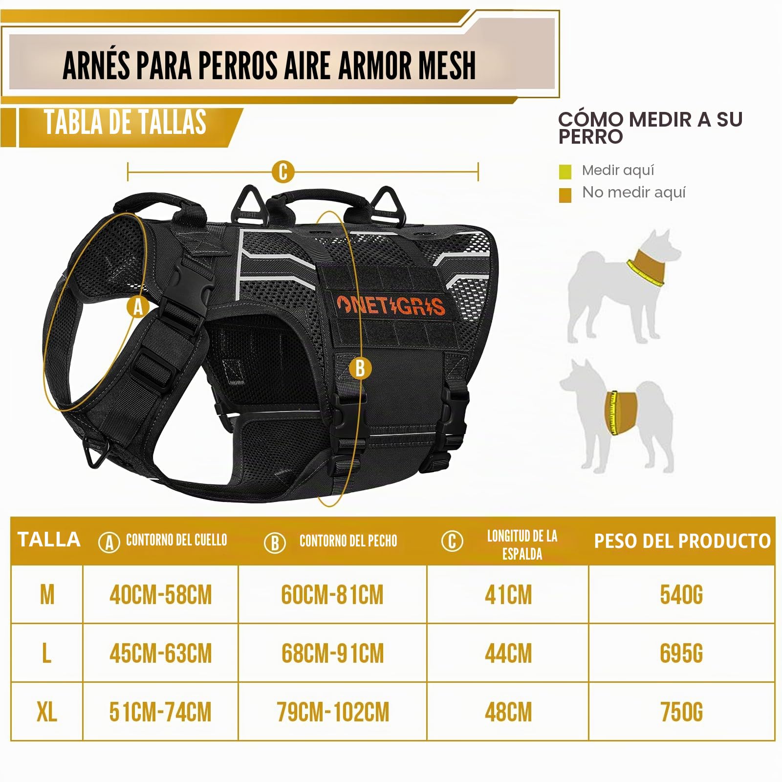 OneTigris Arnés Pecho Antitirones Perros, Aire Armor Mesh Arnés Perro Reflectante Ajustable, Táctica Arnes Perro Grande Mediano, con 2 Asas y 3 Anillos, con Sistema Molle - Negro L