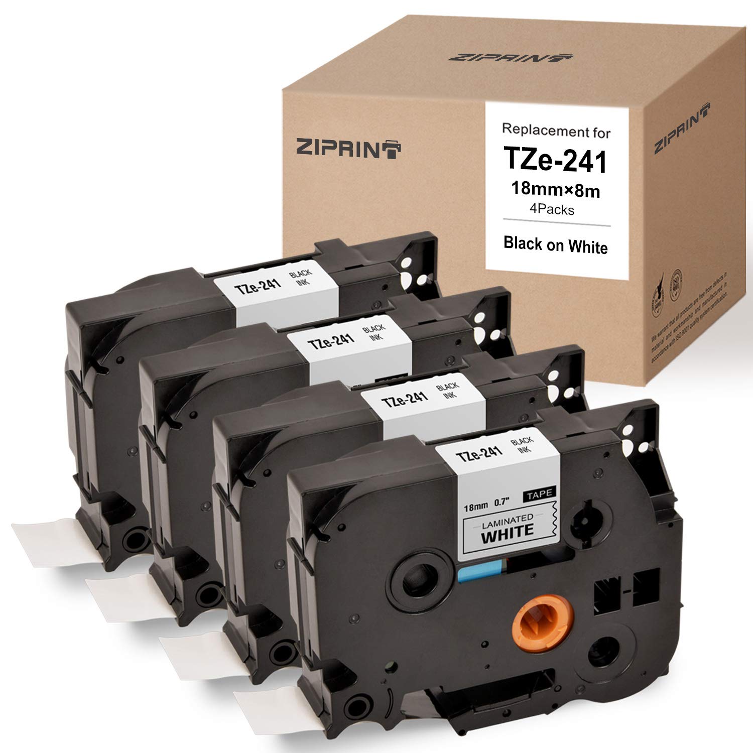 ZIPRINT Compatible Label Tape Replacement for Brother P-Touch Label Maker TZ TZe Laminated Tape TZe241 TZ241 Black on White 18mm (3/4 Inch) x 26.2 ft. (8m), 4-Pack