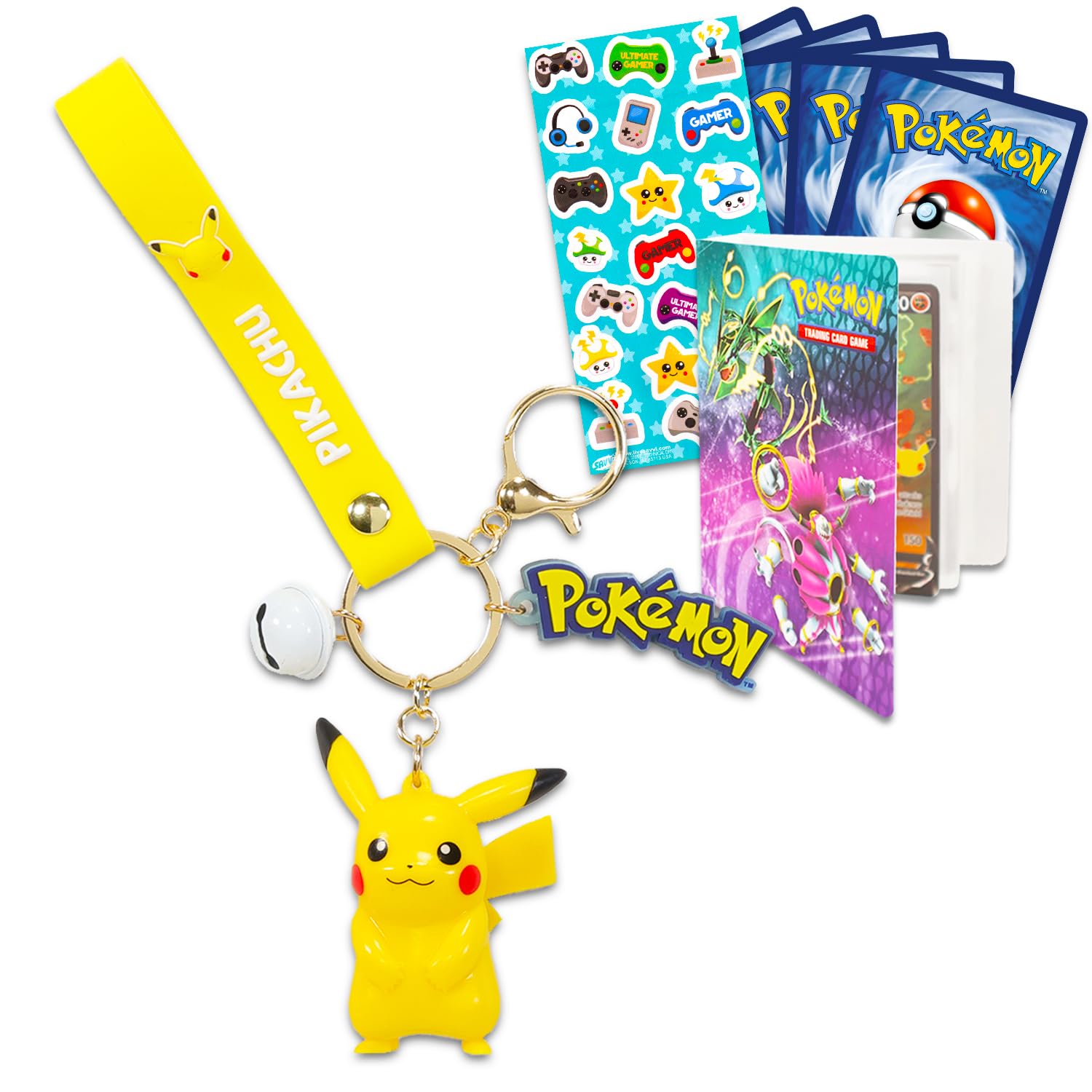 NintendoPikachu Keychain Bundle ~ Deluxe Silicone 3D Character Figure Pokemon Keyring with Strap, Charm, and Bell Plus Pokemon Cards, More | Pokemon Pikachu Key Ring for Backpack