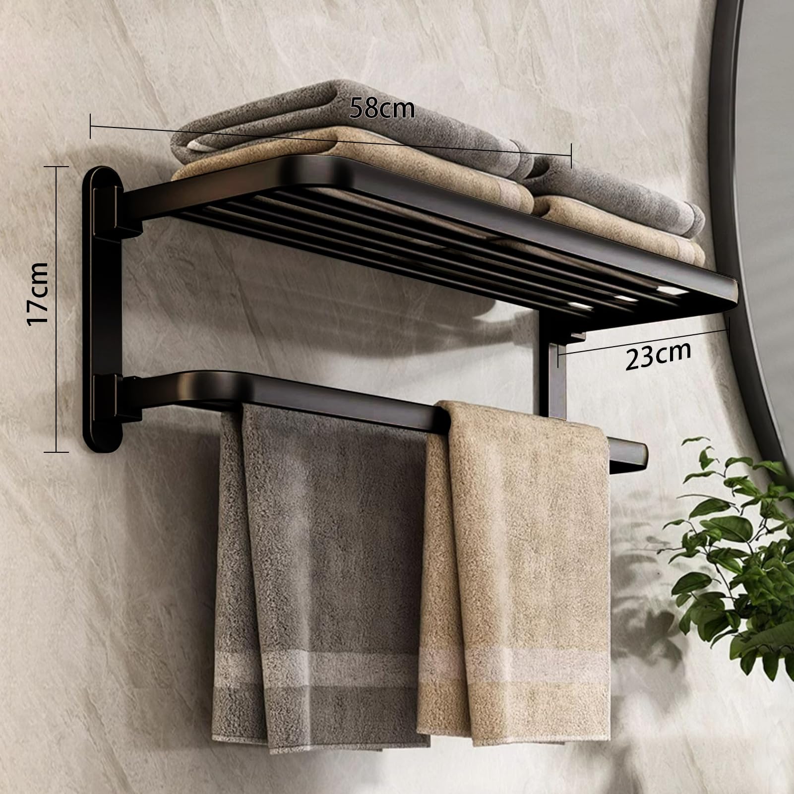 Porta Asciugamani Da Parete Senza Foratura - Doppio Braccio, Alluminio Nero 60cm, Adesivo Per Piastrelle - Foto 3