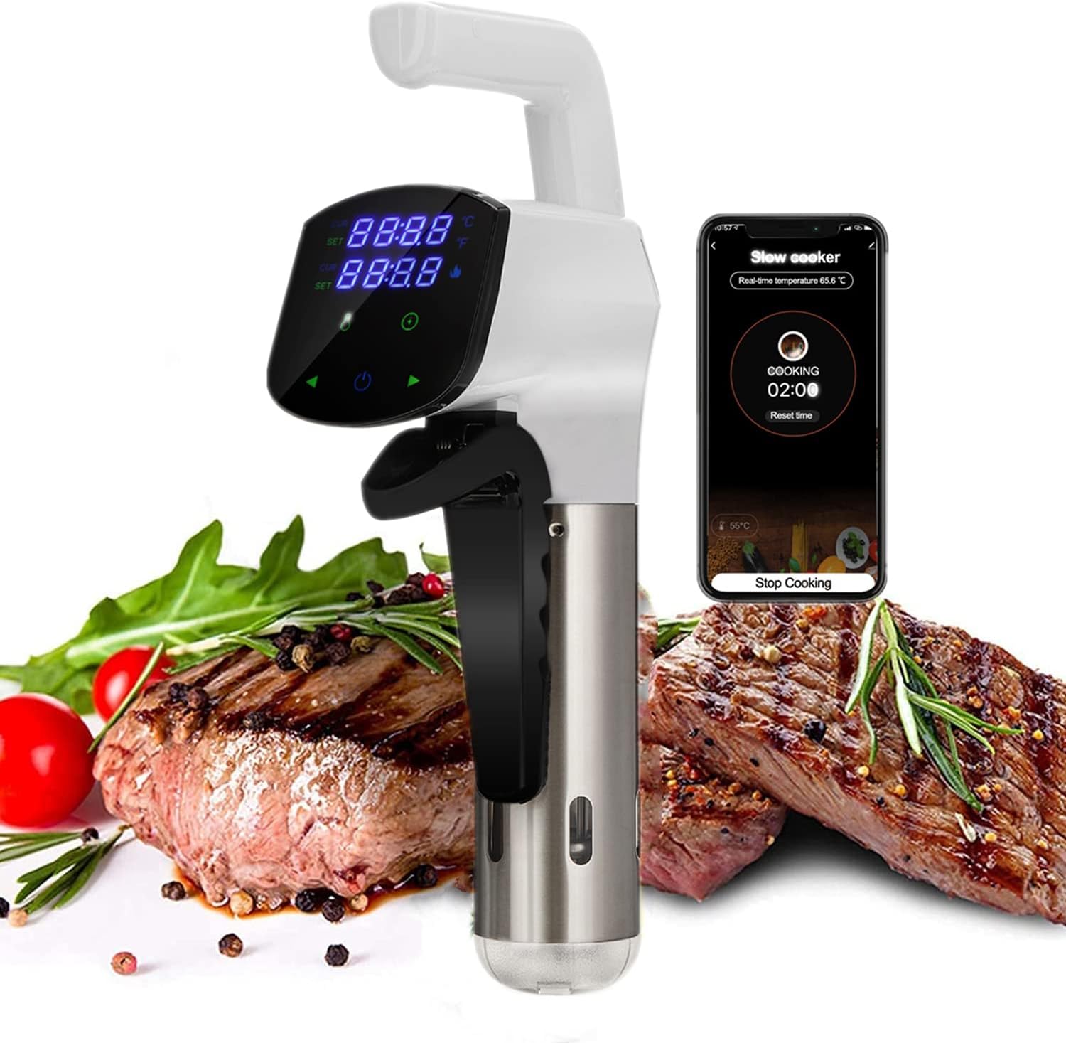 Sous Vide Cooker Max 1800 Watts, Wi-Fi Sous Vide Precision Cooker, BPA-Free Thermal Immersion Circulator, Accurate Temperature, Stainless Steel, Perfect for Tender Steak, Poultry, Seafood, etc. (A)