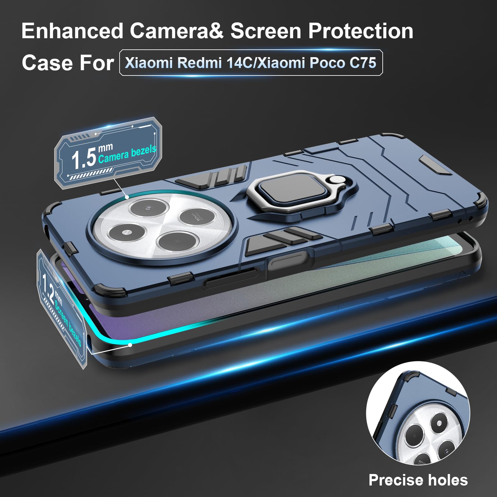 Funda para Xiaomi Redmi Note 15 Pro 5G, Carcasa Antigolpes con Soporte anular metálico, Case Protectora de Grado Militar, Azul — view 189