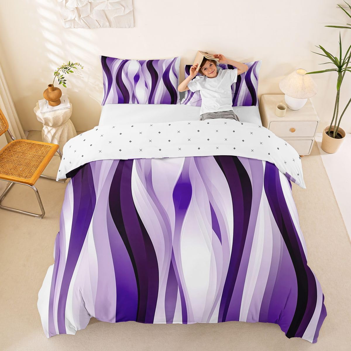 Modern Spiral Stripe Duvet Cover Set Queen Size,Purple White Line Bedding Sets 3Pcs for Kids Girls Boys Women Room Decor,Abstract Geometric Waves Comforter Cover Simple Style Quilt Cover,2 Pillowcases image 4