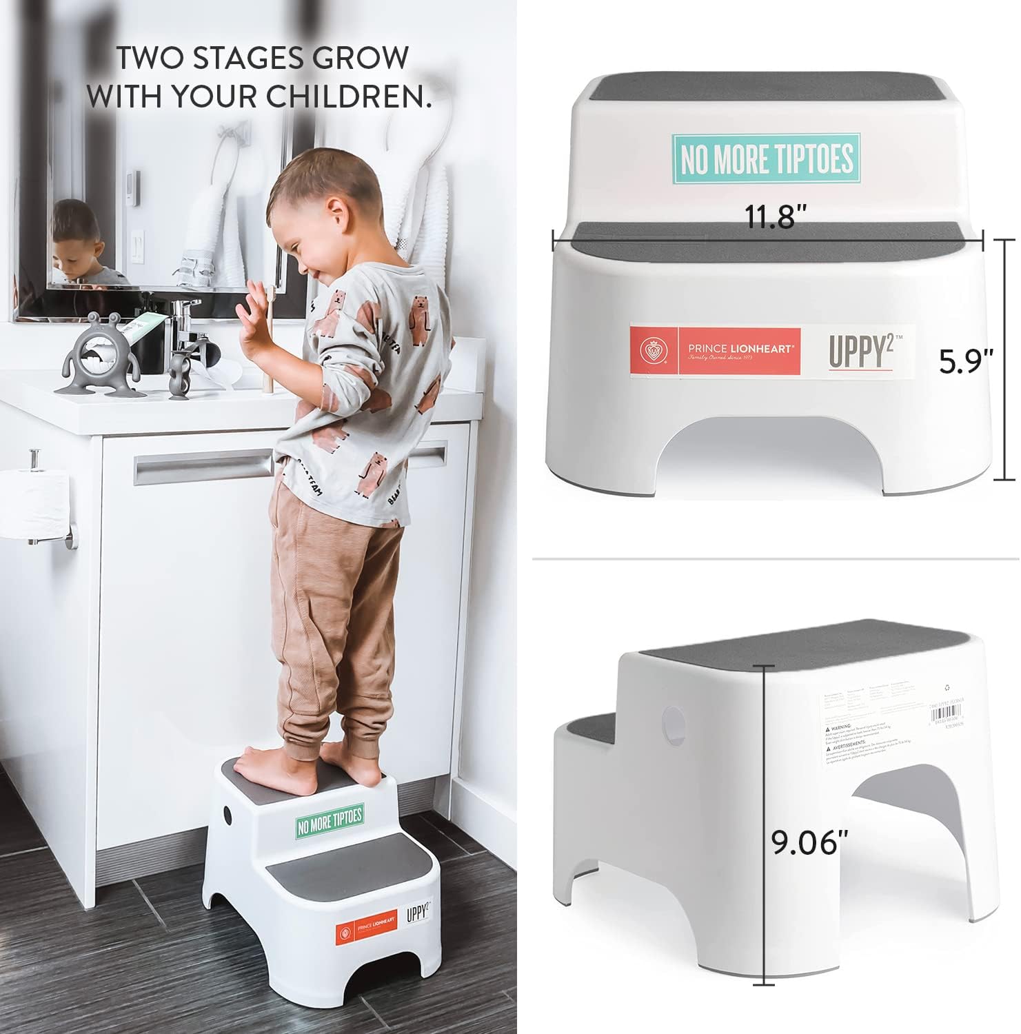 Prince Lionheart Dual Height UPPY2 Two Step Stool for Potty Training Kids and Toddlers to Wash Hands - Portable Non Slip Children and Toddler Stepping Stool for Toilet Bathroom or Kitchen (Gray)