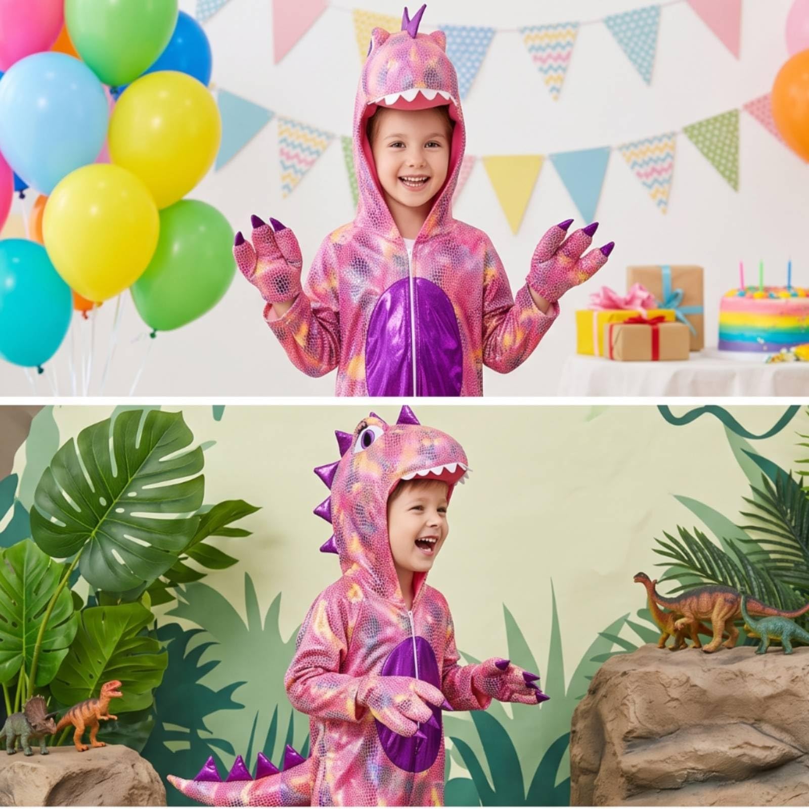 Costume Dinosauro Bambini Tuta Tuta Cappuccio Effetto Scaglie Zanne Bianche Spikes Chiusura a Zip Tessuto Poliestere Adatto per Halloween Carnevale Feste Infantili Giochi di Ruolo