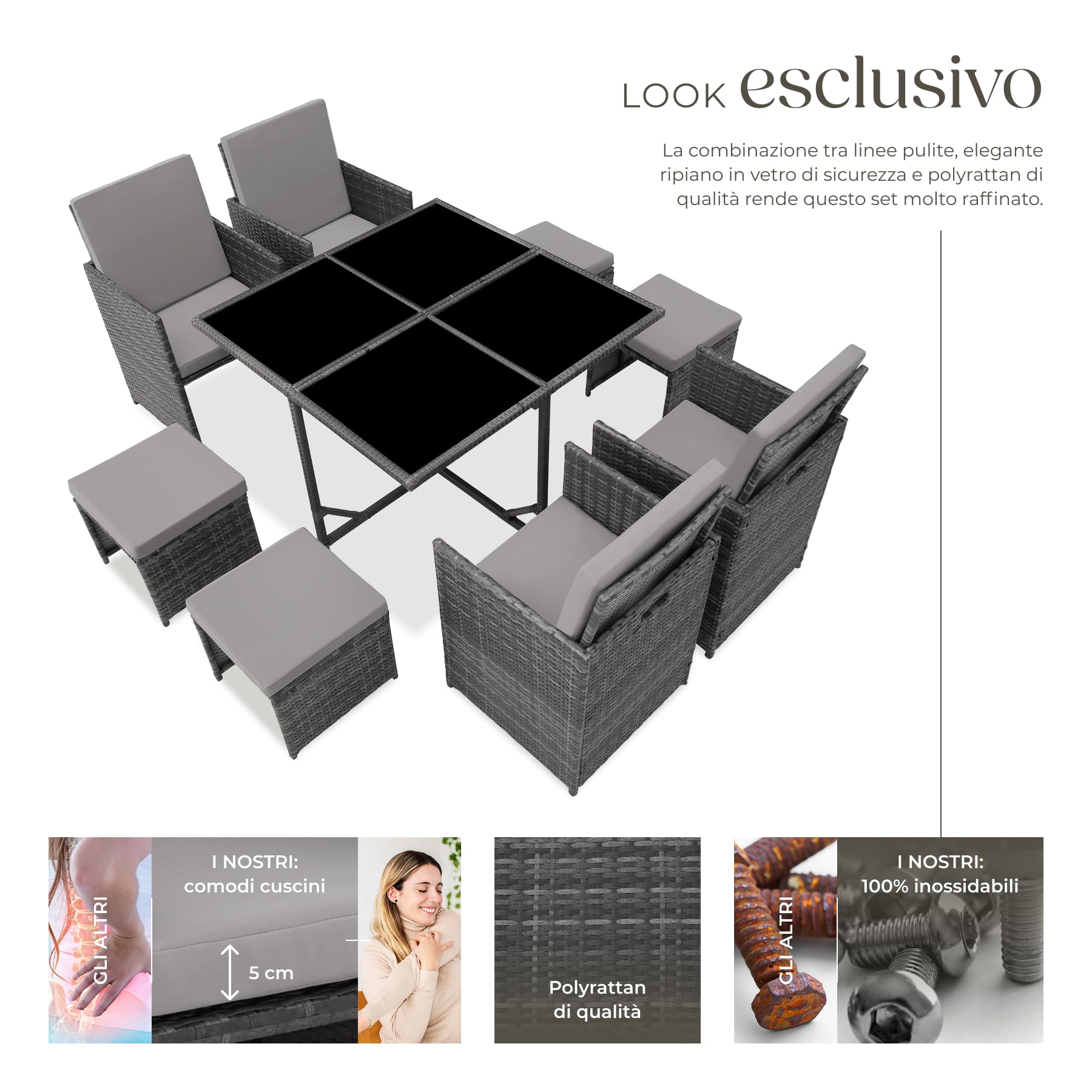 Set Mobili Rattan Bilbao 4 Sedie 4 Sgabelli Tavolo Acciaio Poly Rattan Giardino Terrazzo Grigio