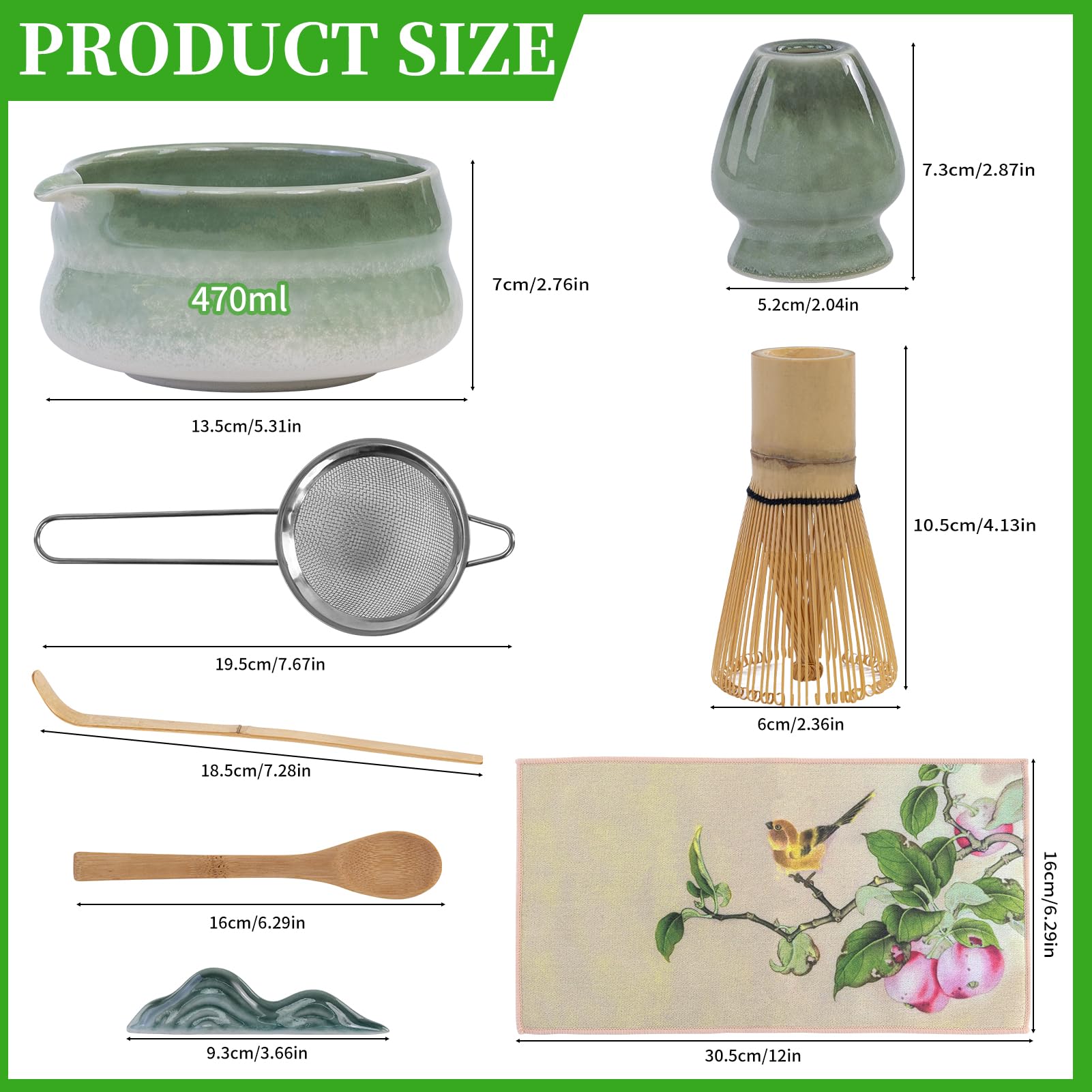 Matcha zestaw 8 sztuk herbaty matcha do przygotowywania kawy z mlekiem | Zestaw miotły do matchy, miska do matchy z dzióbkiem, zestaw trzepaczek do matchy i miska z łyżką i sitkiem, kolor zielony
