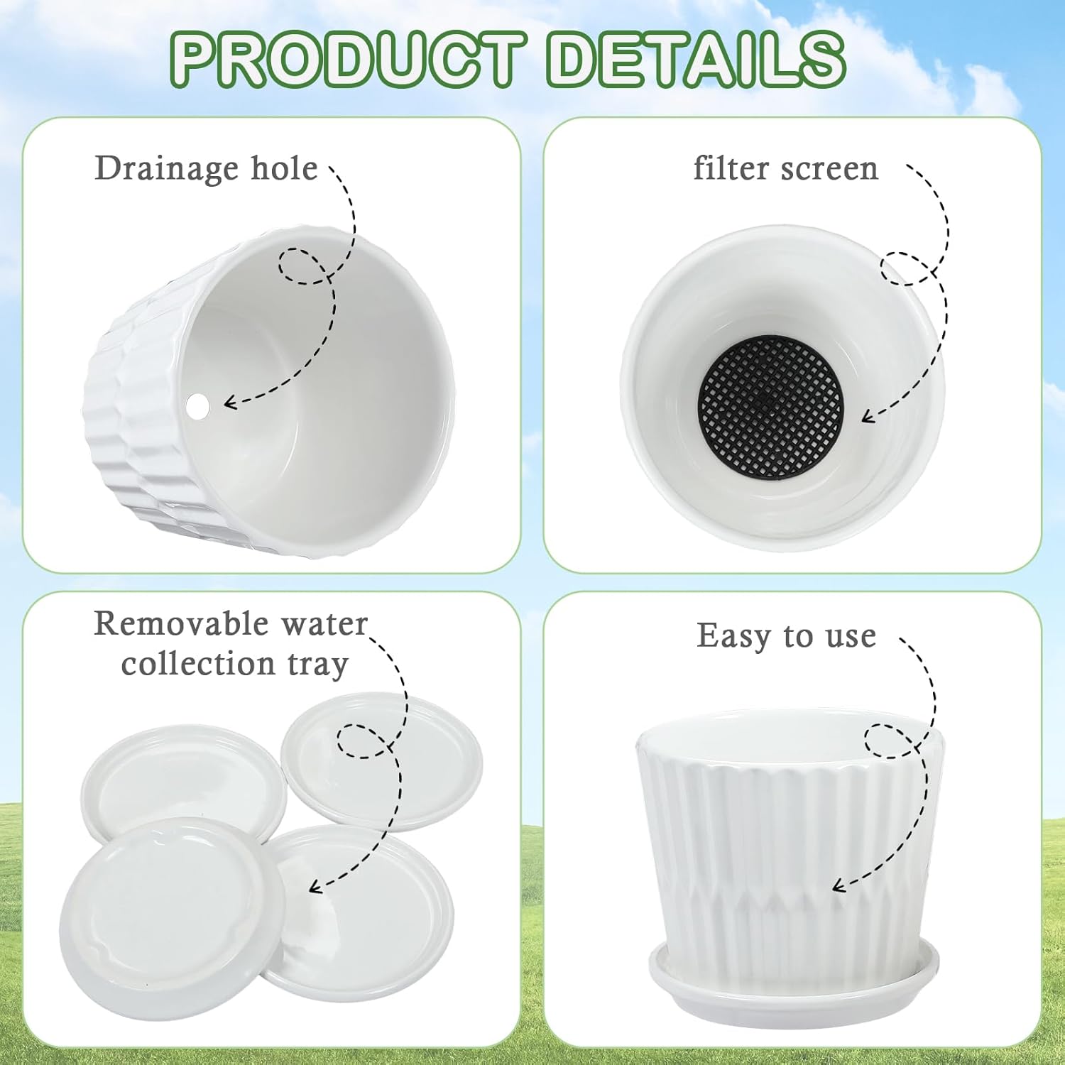 sietpoek Plant Pots - 5.5 Inch Cylinder Ceramic Planters with Connected Saucer, Pots for Succuelnt and Little Snake Plants, Set of 4, White