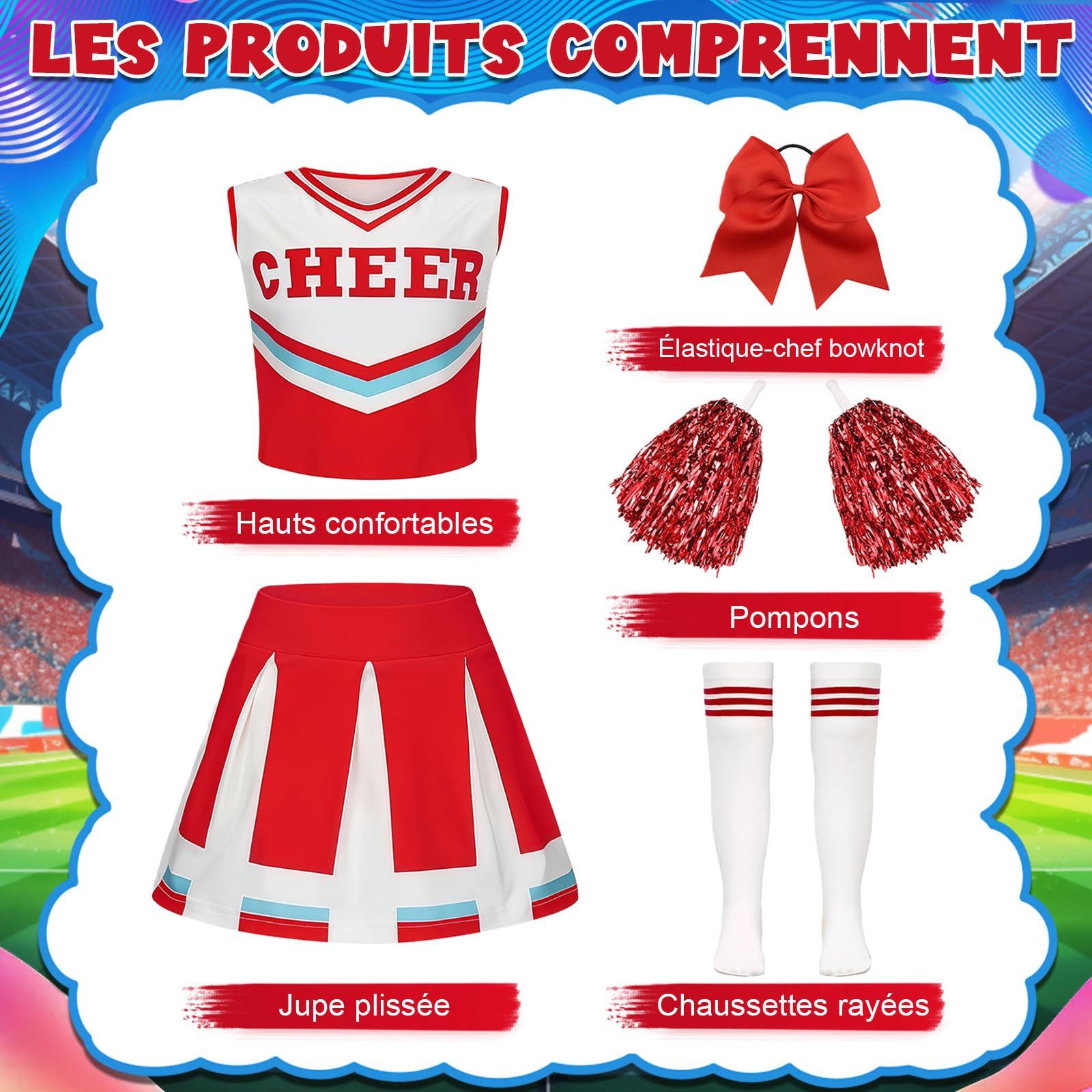 Luckyou Deguisement Pompom Costume De Cheerleader Déguisement Uniforme de Pom-pom avec Pompoms Chaussettes pour Halloween Mascarade Carnaval
