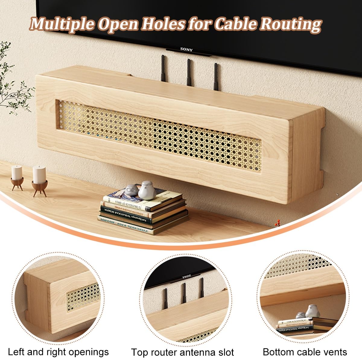Mensola in rattan, con supporto da parete, per casse di alimentazione WiFi, in legno, per ufficio e casa