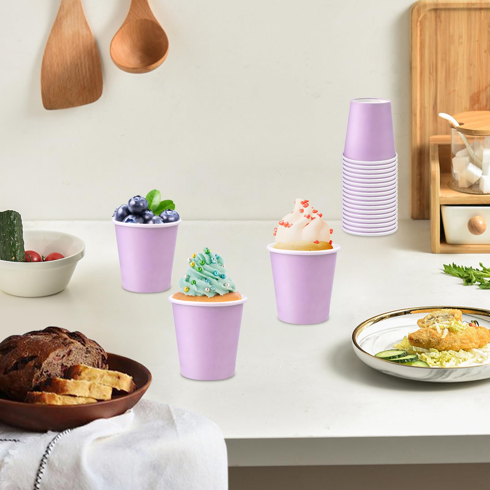 Fioletowe papierowe kubki do płukania ust, jednorazowe kubki łazienkowe, małe papierowe kubki 85 ml, idealne do łazienki, supermarketu, na przyjęcie urodzinowe, piknik i grilla, 300 szt