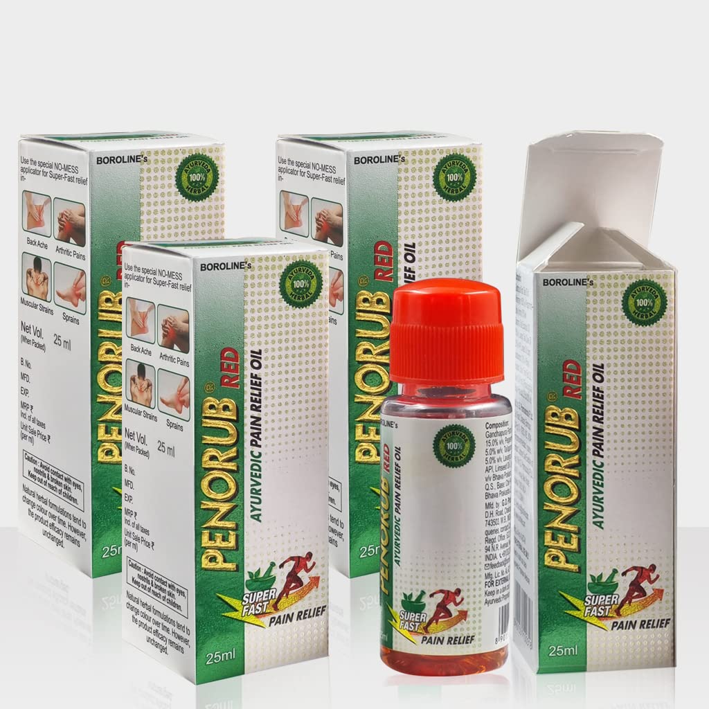BOROLINE Penorub Red Ayurvedic Pain Relief Oil 25 ml X 4 - Muscle, Knee & Back Pain Relief | Benefits of Oil of Wintergreen, Peppermint oil, Eucalyptus oil, Clove oil, Linseed oil (Pack of 4)-image-43