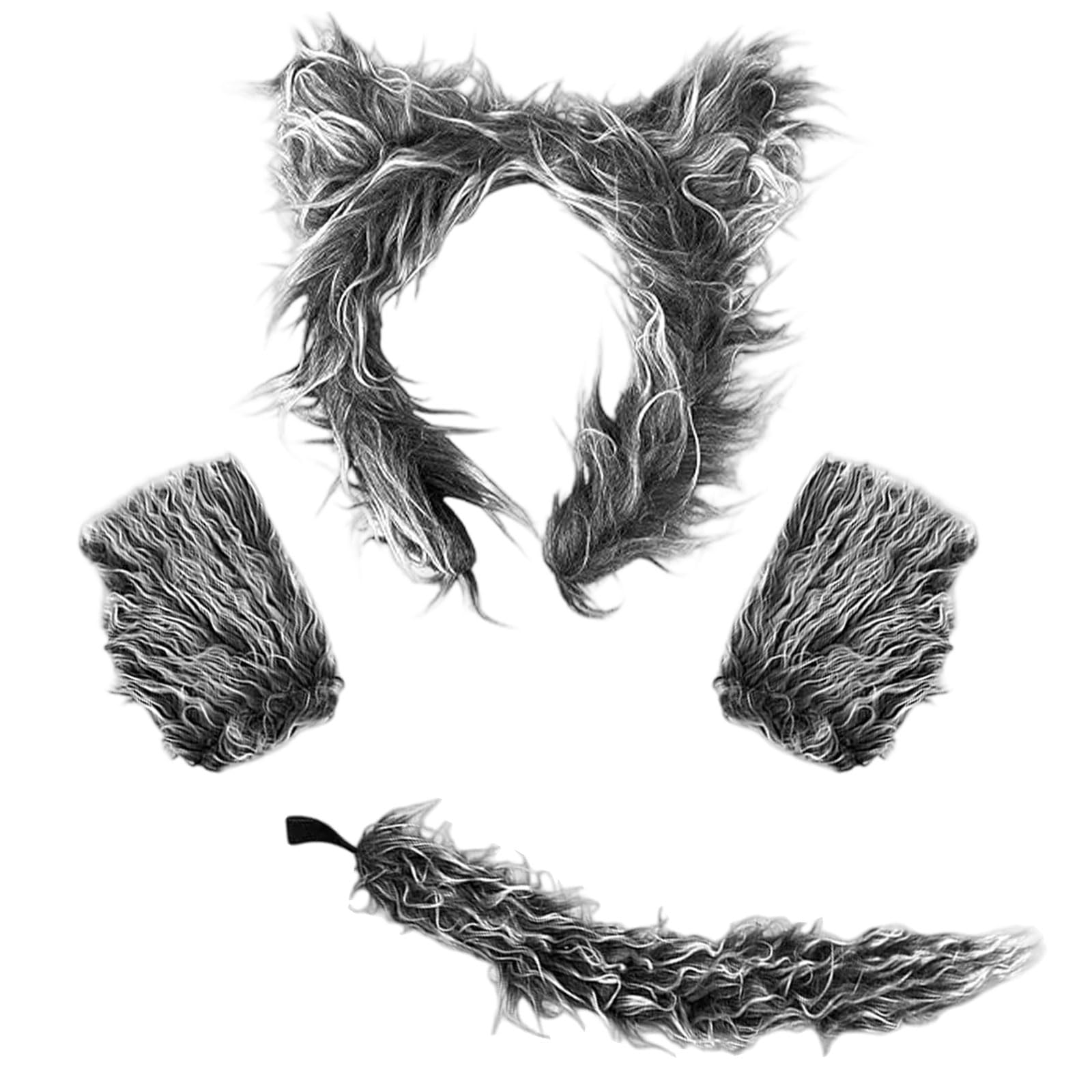 4 Piezas Disfraz de Lobo Accesorios Set, Diadema con Orejas de Lobo de Peluche, Cola y Guantes, Accesorios de Hombre Lobo para Halloween, Carnaval, Cosplay y Fiestas de Disfraces