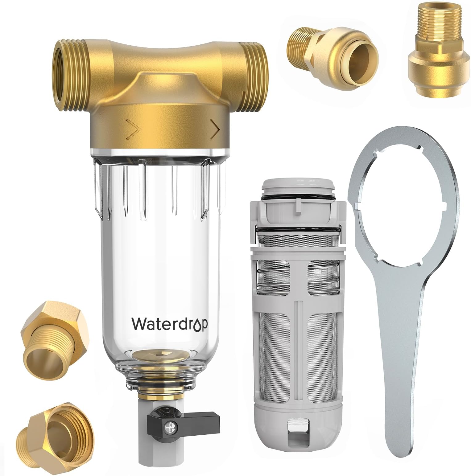 Waterdrop Spin Down Sediment Filter, Backwash Whole House Water Filter System for Well Water, 40-50 Micron, 1" MNPT + 3/4" FNPT + 3/4" MNPT, Traps Sand, BPA Free, WD-RPFK