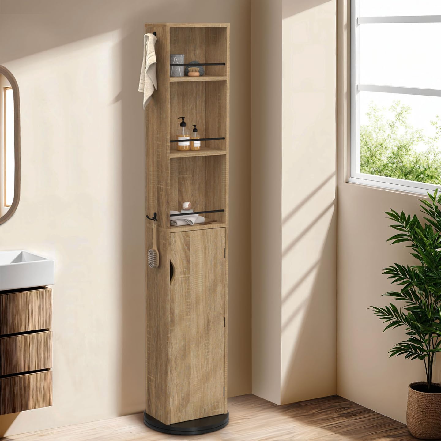 IDMarket - Meuble colonne pivotante de salle de bain avec miroir, placard et étagères hêtre et noir ELIA