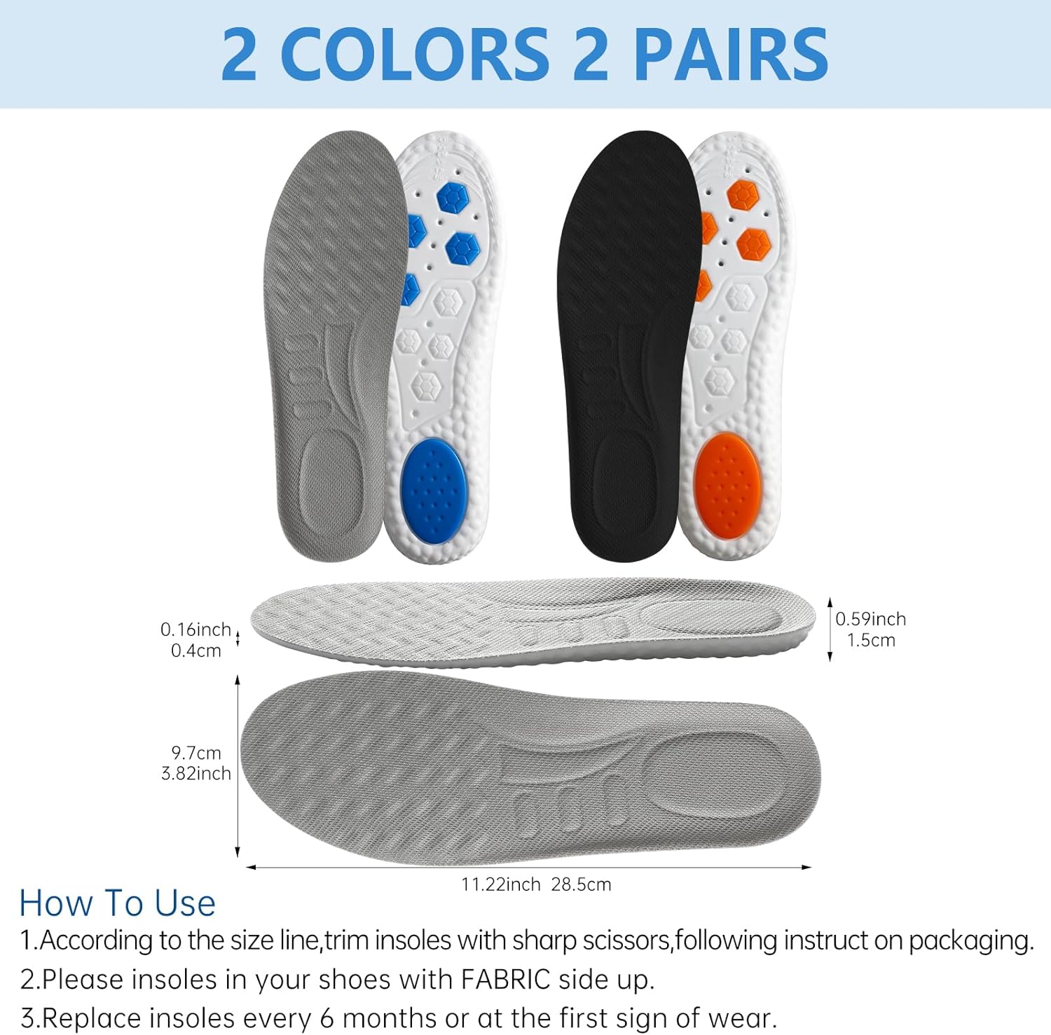 2 Pairs 4D Cloud Insoles for Men - Sports Comfort with Heel & Forefoot Shock Pads, Arch Support, Trim - to - Fit, Foot Pain Relief, Sweat - Wicking & Breathable(US M 7.5-10.5) - Image 2