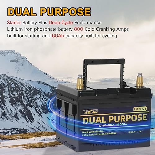 Miniatura 3 de WEIZE Batería LiFePO4 de doble propósito de 12V 60AH 800CCA, batería de litio de arranque del grupo 24 más rendimiento de ciclo profundo, BMS