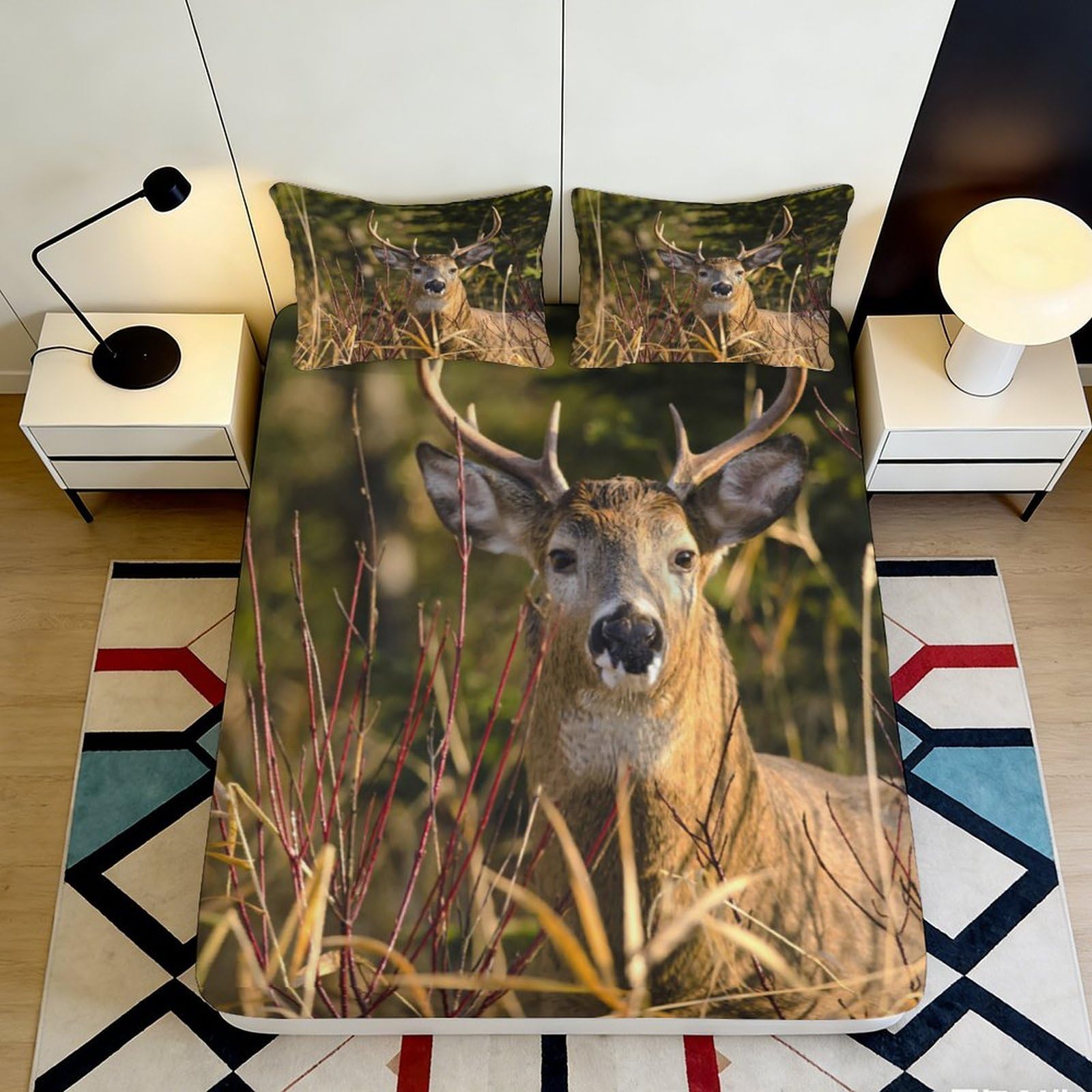 3D Printed Forest Deer Fitted Sheet Microfiber Soft Breathable Woodland Stag Mattress Cover for Bedroom Guest Room Decor 90x200x25cm