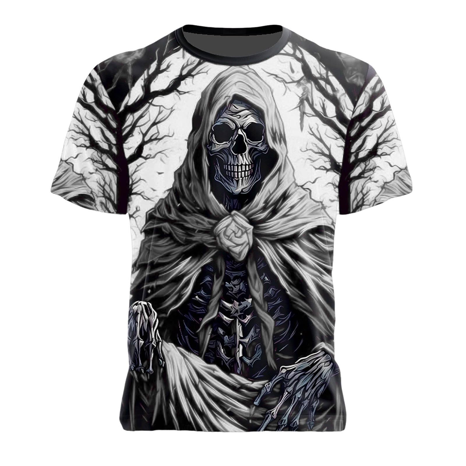Men's T-Shirt with Grim Reaper in Red - Dark Gothic Shirt with 3D Print and Skeleton Motif | Eye-catching Top for Horror and Metal Fans, style_w01 black, XXL