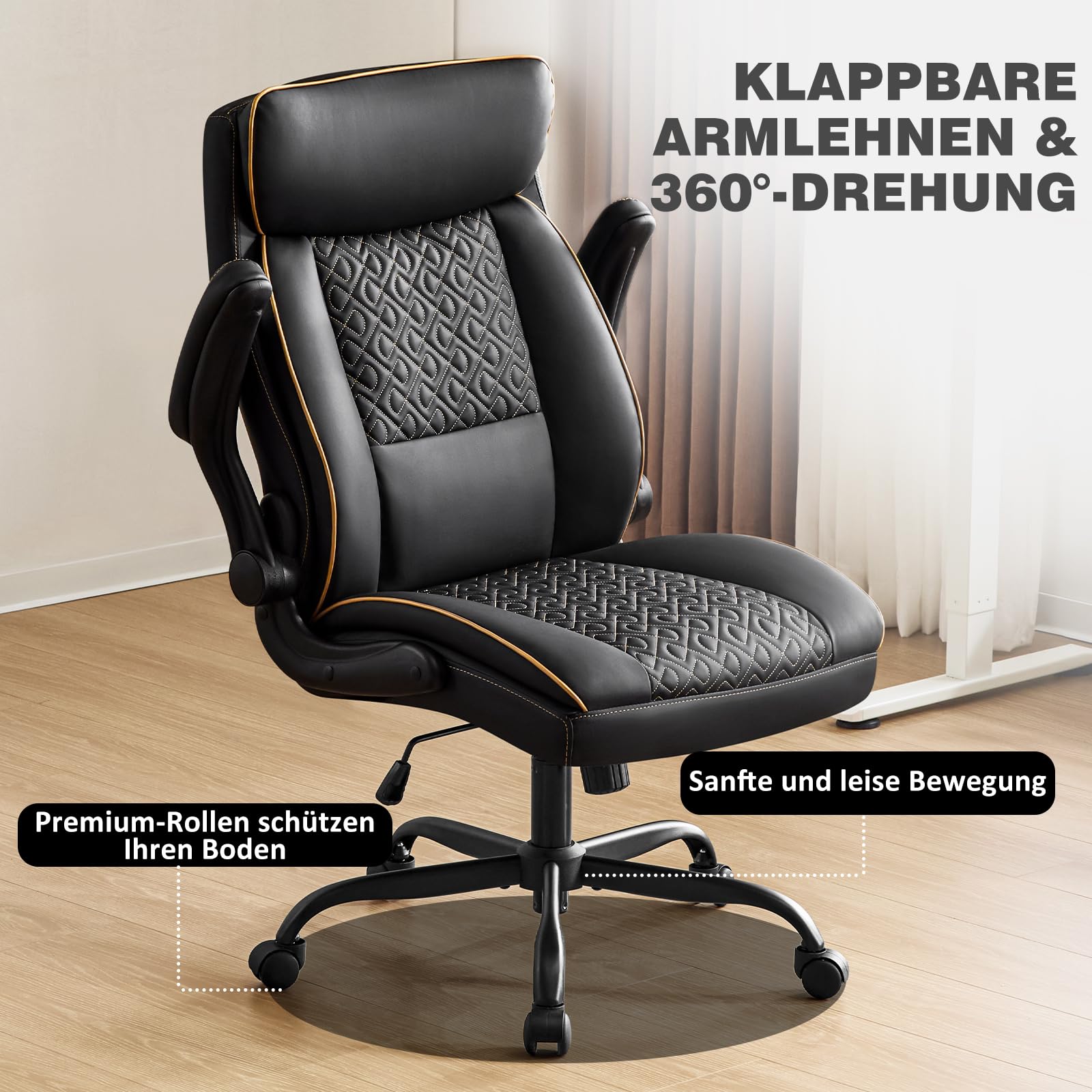 Hellove Chefsessel Bürostuhl 185kg Ergonomischer Kunstleder Schreibtischstuhl mit Verstellbarer Rückenlehne und Klappbaren Armlehnen, Drehstuhl mit Kopfstütze Computerstuhl Home Office Stuhl, Schwarz