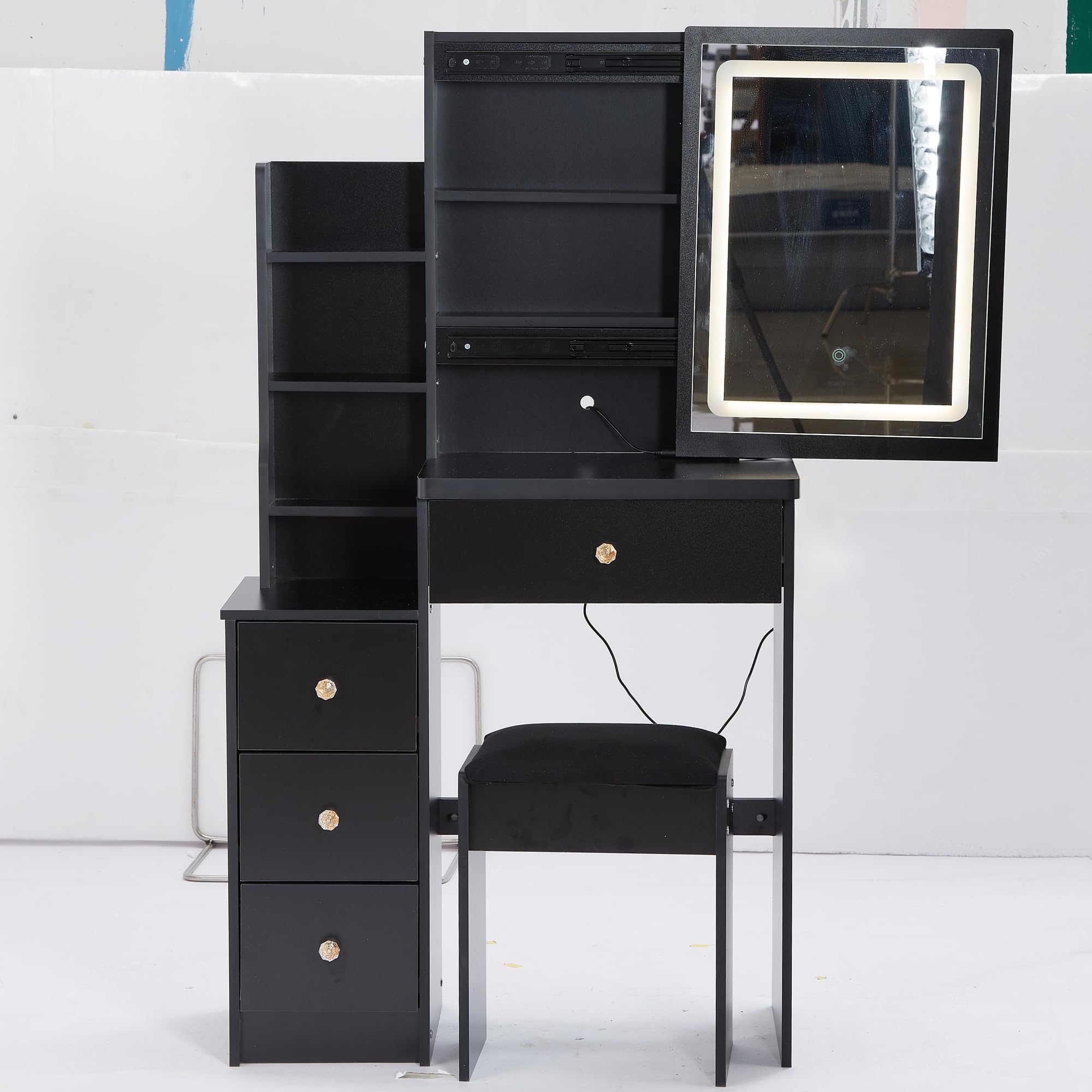 aphrophina Compact Left Bedside Vanity Table with Adjustable LED Mirror and Cushioned Stool, for Small Spaces, Black