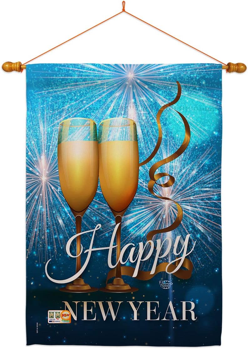 New Year Fireworks House Flag Dowel Set Clock Countdown Champagne Party Celebrate Small Decorative Gift Yard Banner Made In USA 28 X 40