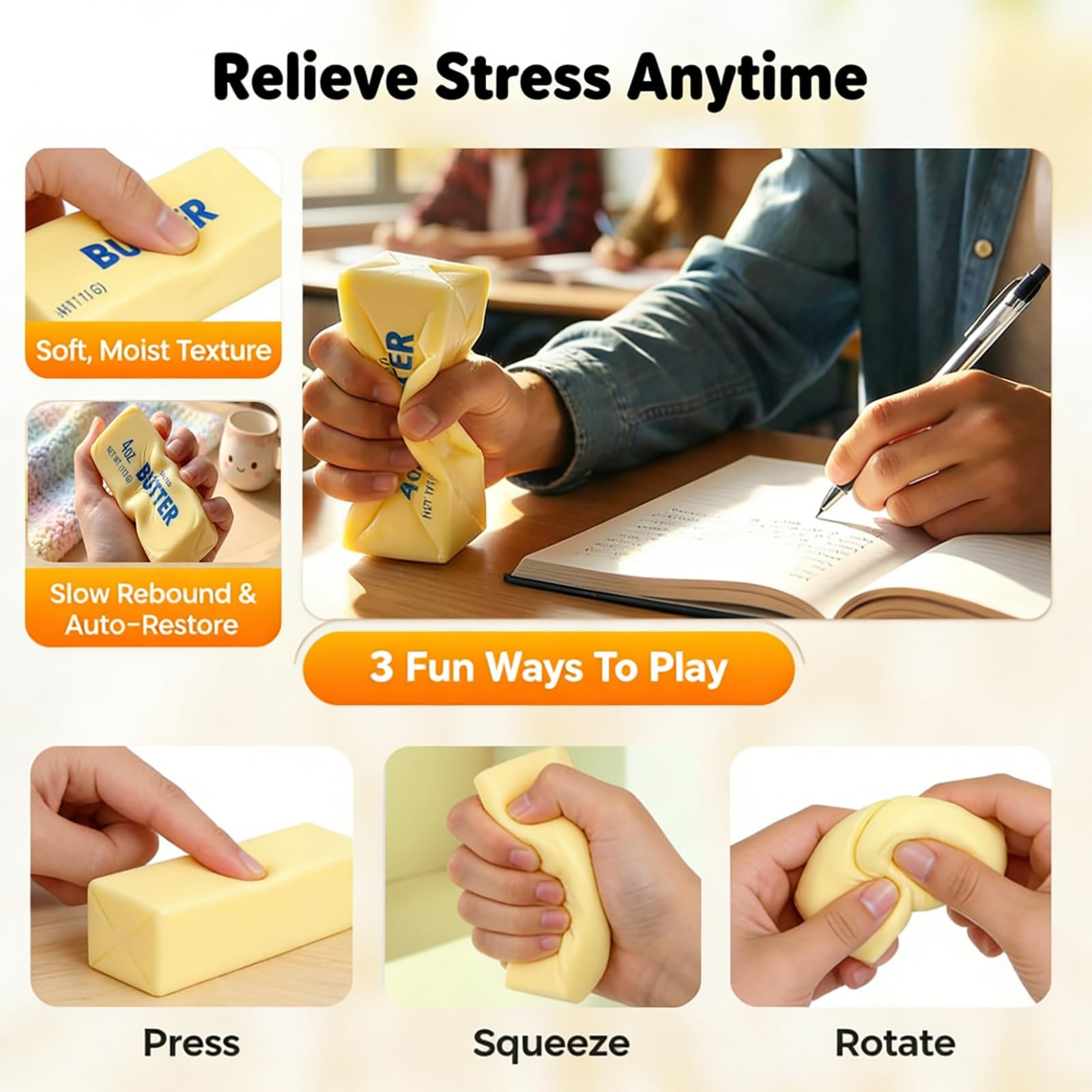 New Squeeze Ball Realistic Butter Stick Soft Squeeze Toys, Upgrade Stress Relief Fidget Toys Wet Slow Rebound Stress Relief Toy，Slow Rebound Cute Butter Squeeze Stress Balls (Beige) — view 6