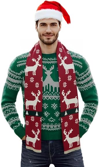 Unisex Christmas Scarves for Women Men Boys Girls Christmas Winter Scarf with Reindeer and Snowflake Shawl Wrap Xmas