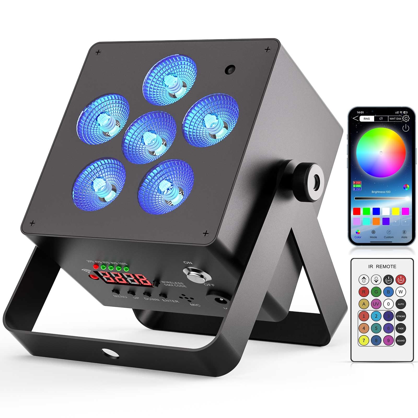 50W APP Par LED Batterie, RGBWA UV Lumiere de Scene 5200mAh Rechargeable, Eclairage Scene Support IR Télécommande, 2,4 GHz sans fil, D MX Contrôle pour Mariage Disco Halloween Noël