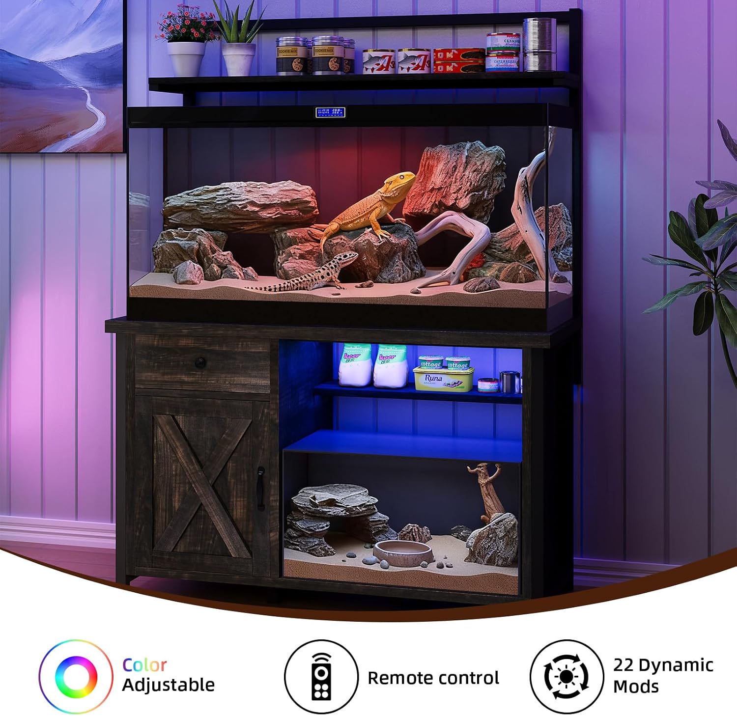 Reptile Tank Stand with Power Outlet, Terrarium Stand with Storage Cabinet, 49" X 20" Tabletop, Aquarium Stand with LED Lights, Reptile Terrarium,Turtle Tank (Oak)