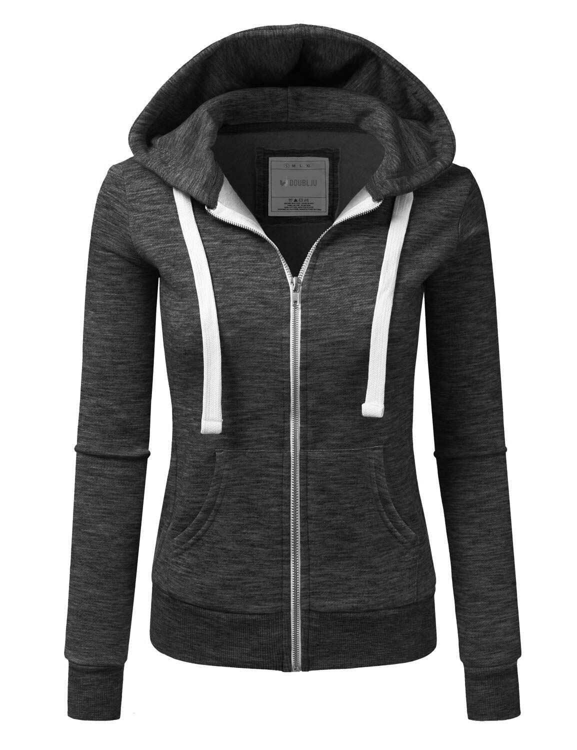 DOUBLJULightweight Thin Zip-Up Hoodie Jacket for Women with Plus Size Marledblack M