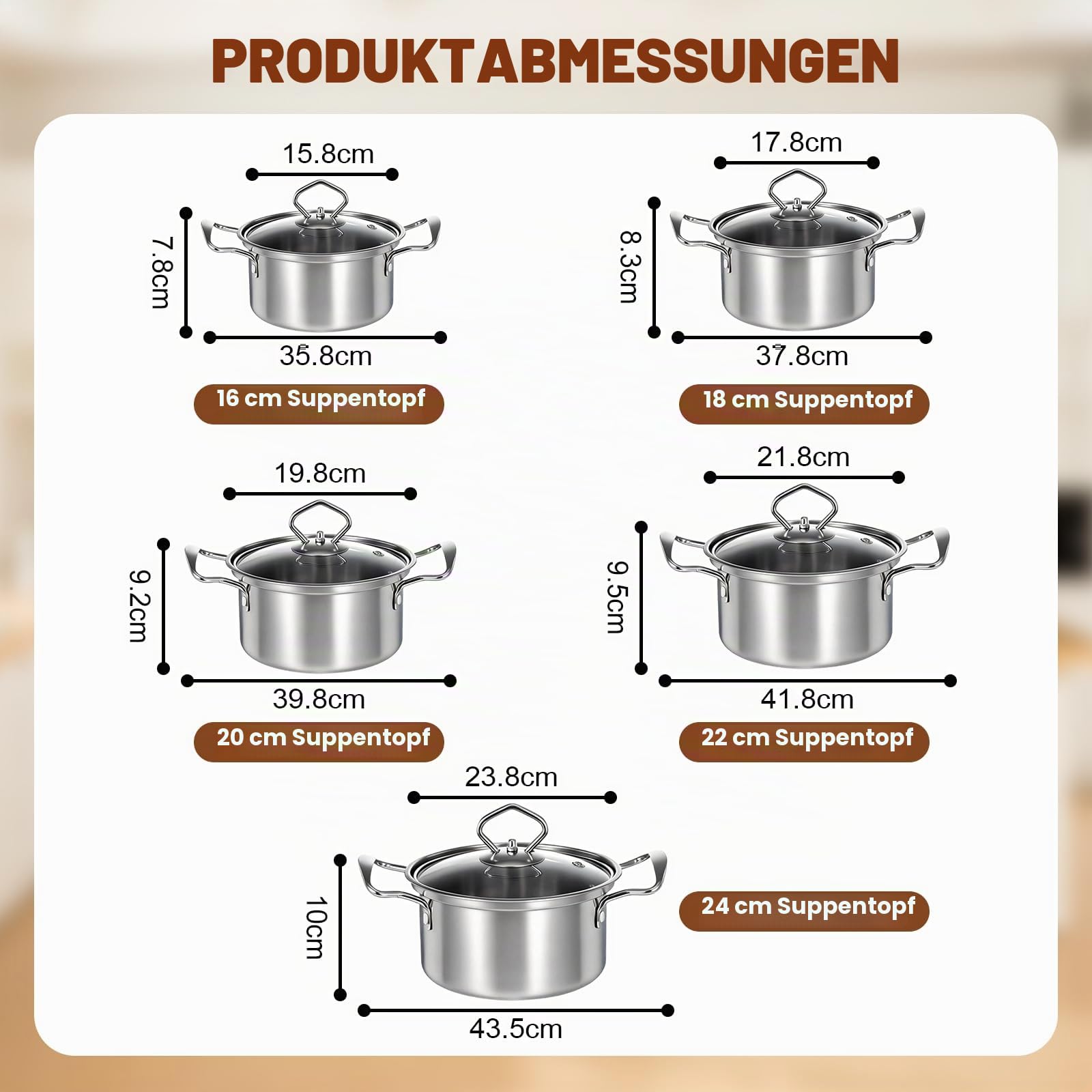 Topfset Induktion 10-Teilig, Topfset aus Edelstahl mit Glasdeckel und Stielkasserolle, Induktions Töpfe set, für alle Herdarten, unbeschichtet,Induktion Topf Kochtopf Set,Silber
