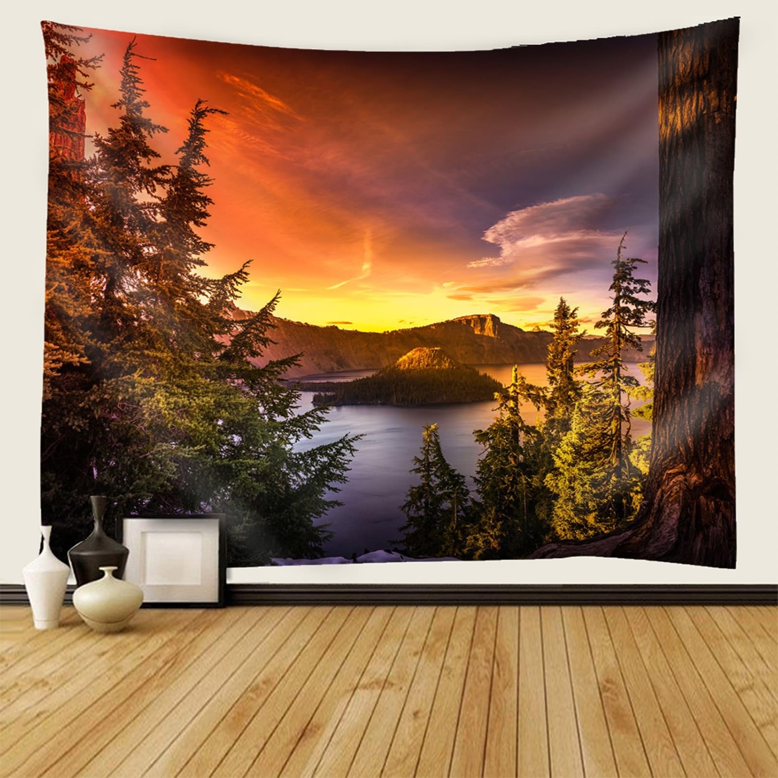 Epinki Tapisserie 240x220cm, Landschaft Natur Wandteppich Sonnenuntergang See Wald Landschaft Wandbehang Polyester Wandtücher für Zimmer Wohnheim Schlafazimmer, Orange Braun Grün